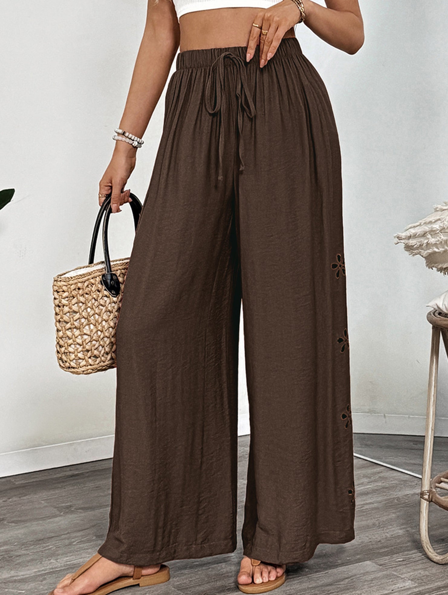 Casual and simple embroidered wide-leg pants for women