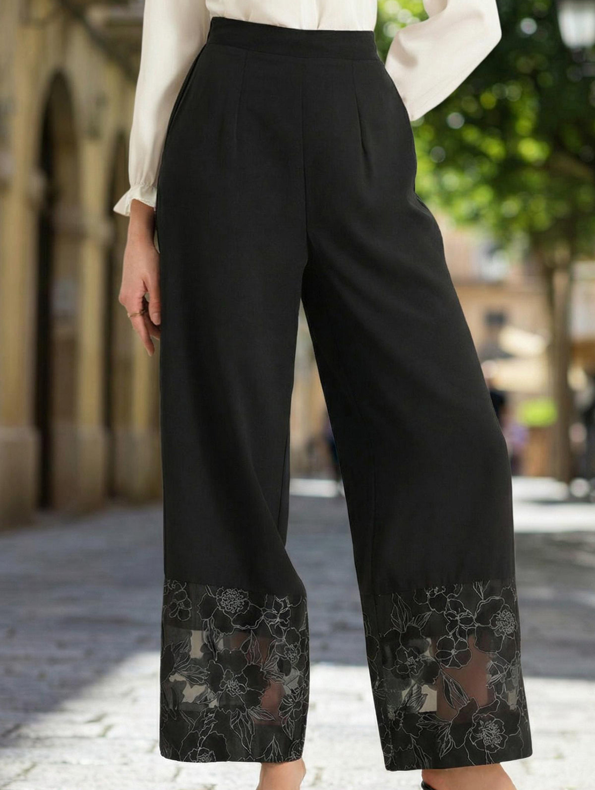 Sheer Lace Patchwork Straight Leg Pants_CWBLP01477