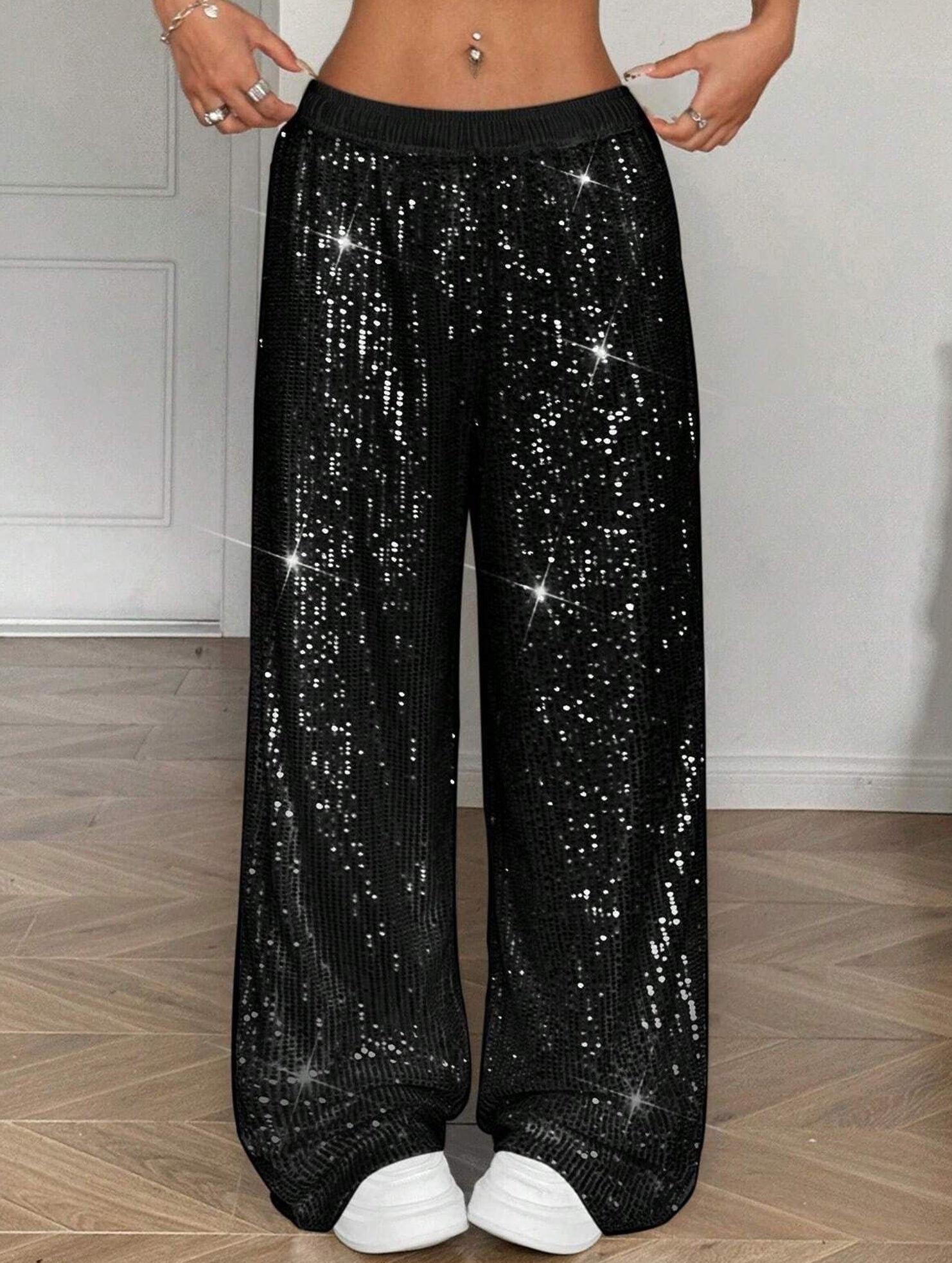 Sequin Straight Leg Wide Work Pants_CWBLP01496
