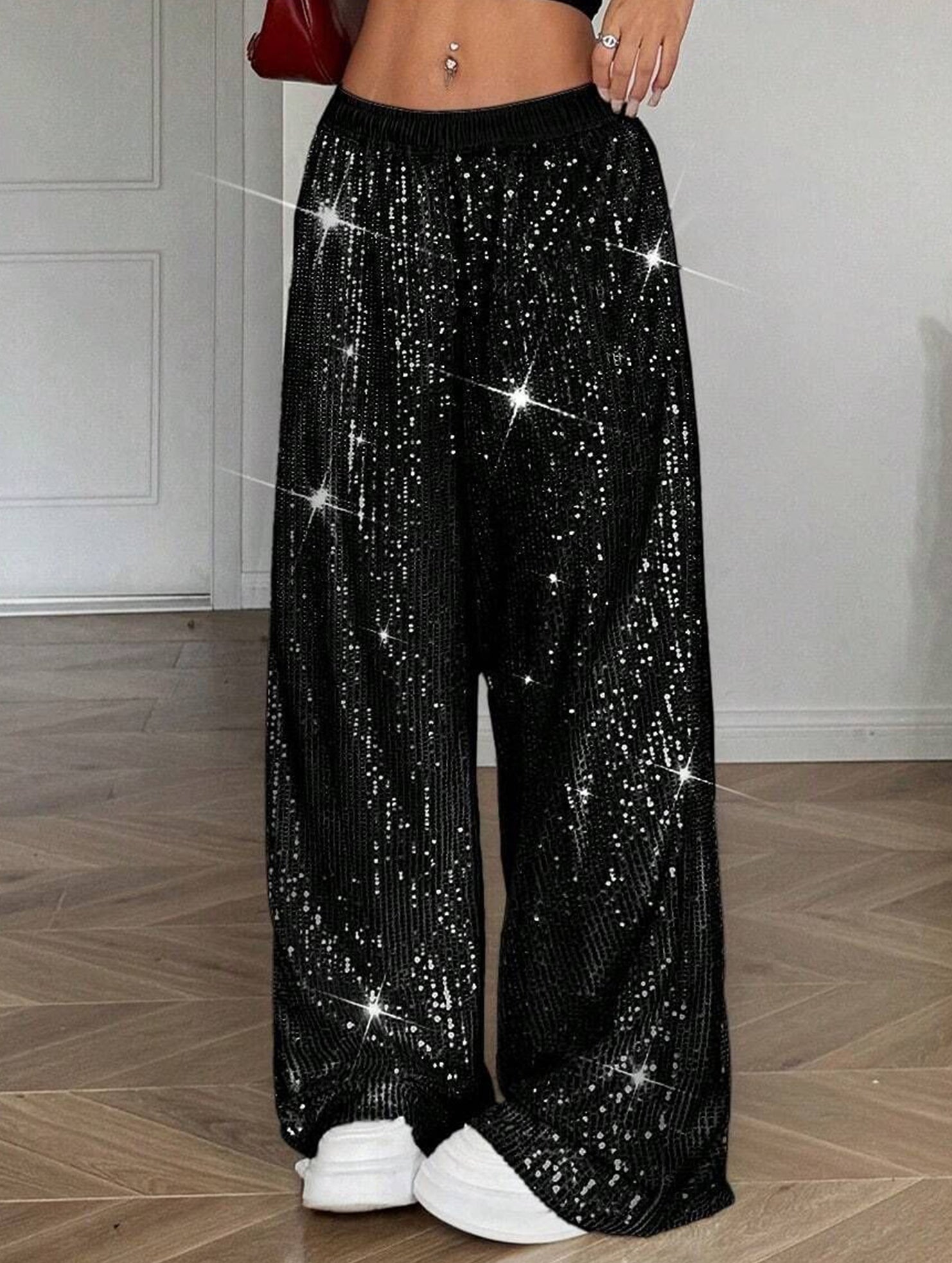 Sequin Straight Leg Wide Work Pants_CWBLP01496