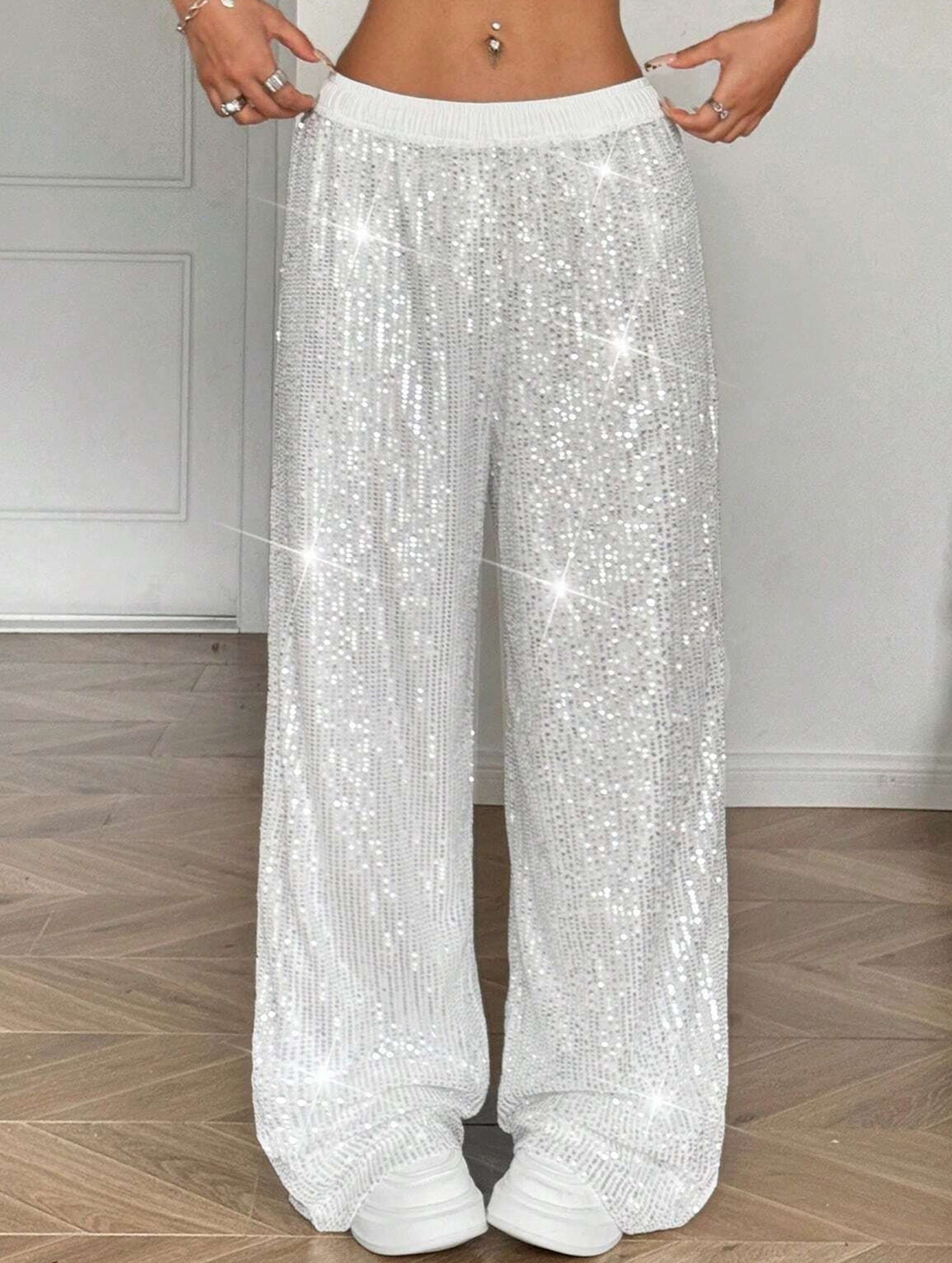 Sequin Straight Leg Wide Work Pants_CWBLP01496