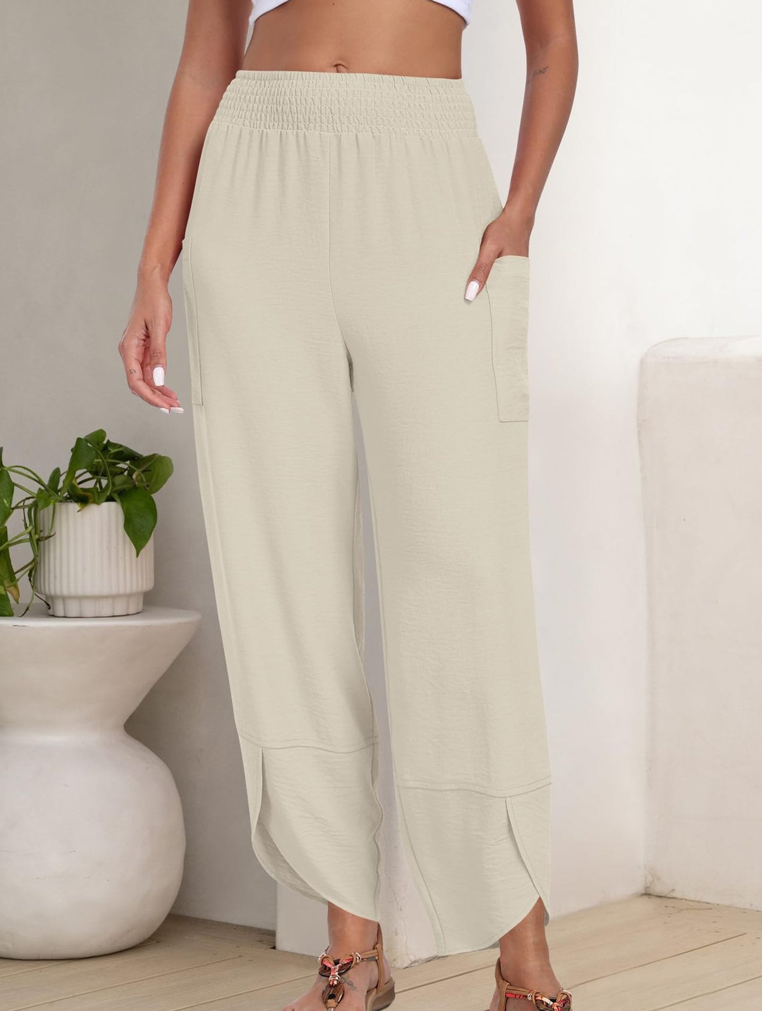 Mid Rise Loose Solid Casual Pants_CWBLP01497