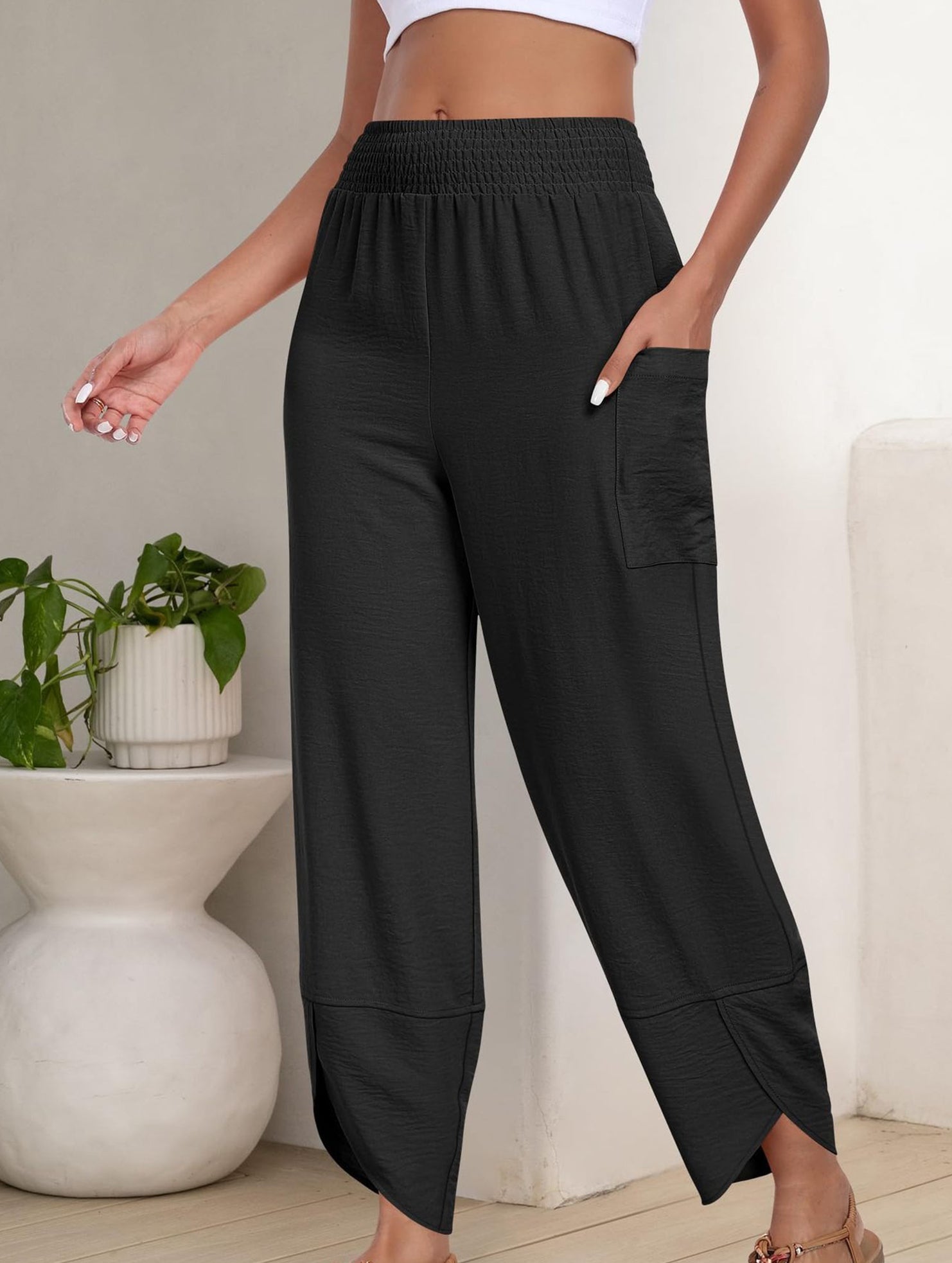 Mid Rise Loose Solid Casual Pants_CWBLP01497