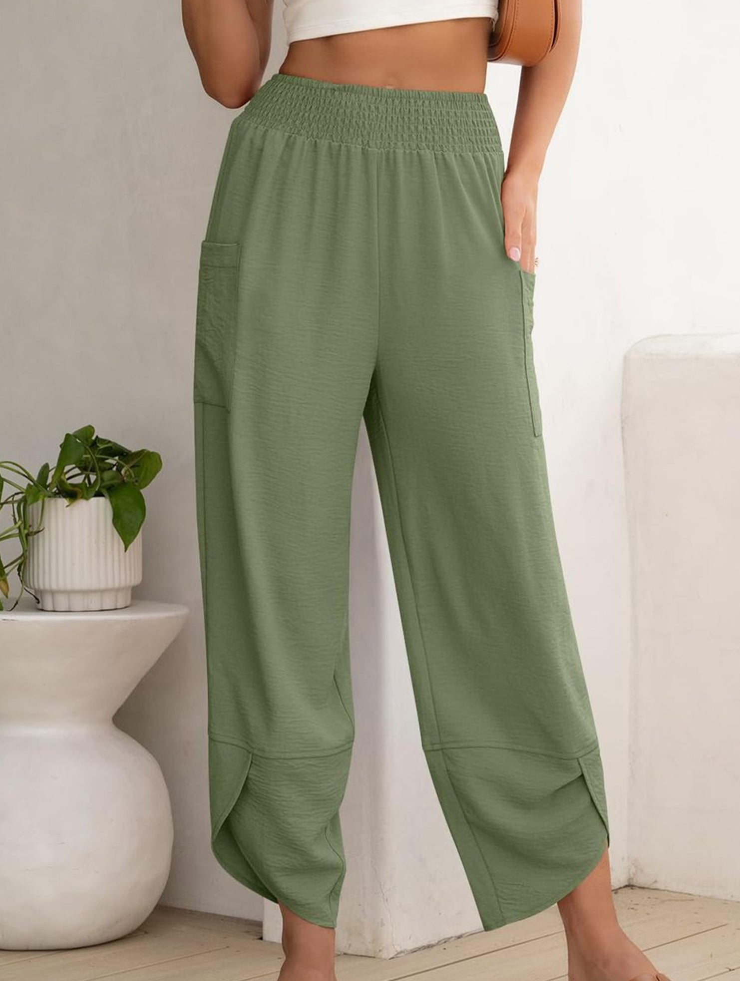 Mid Rise Loose Solid Casual Pants_CWBLP01497