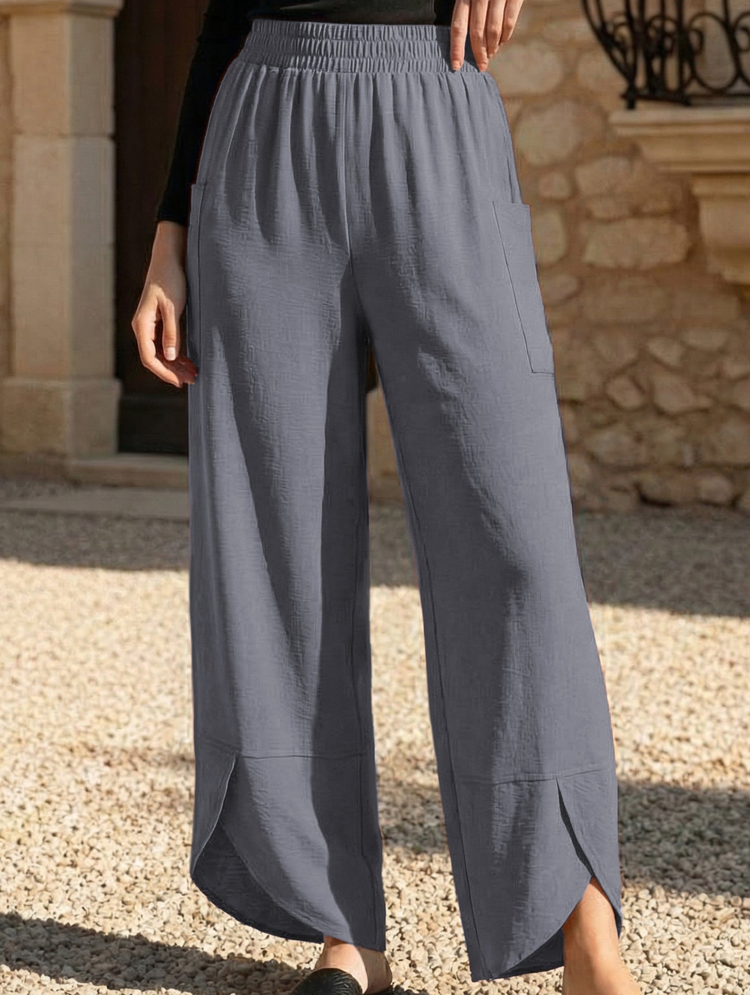 Mid Rise Loose Solid Casual Pants_CWBLP01497