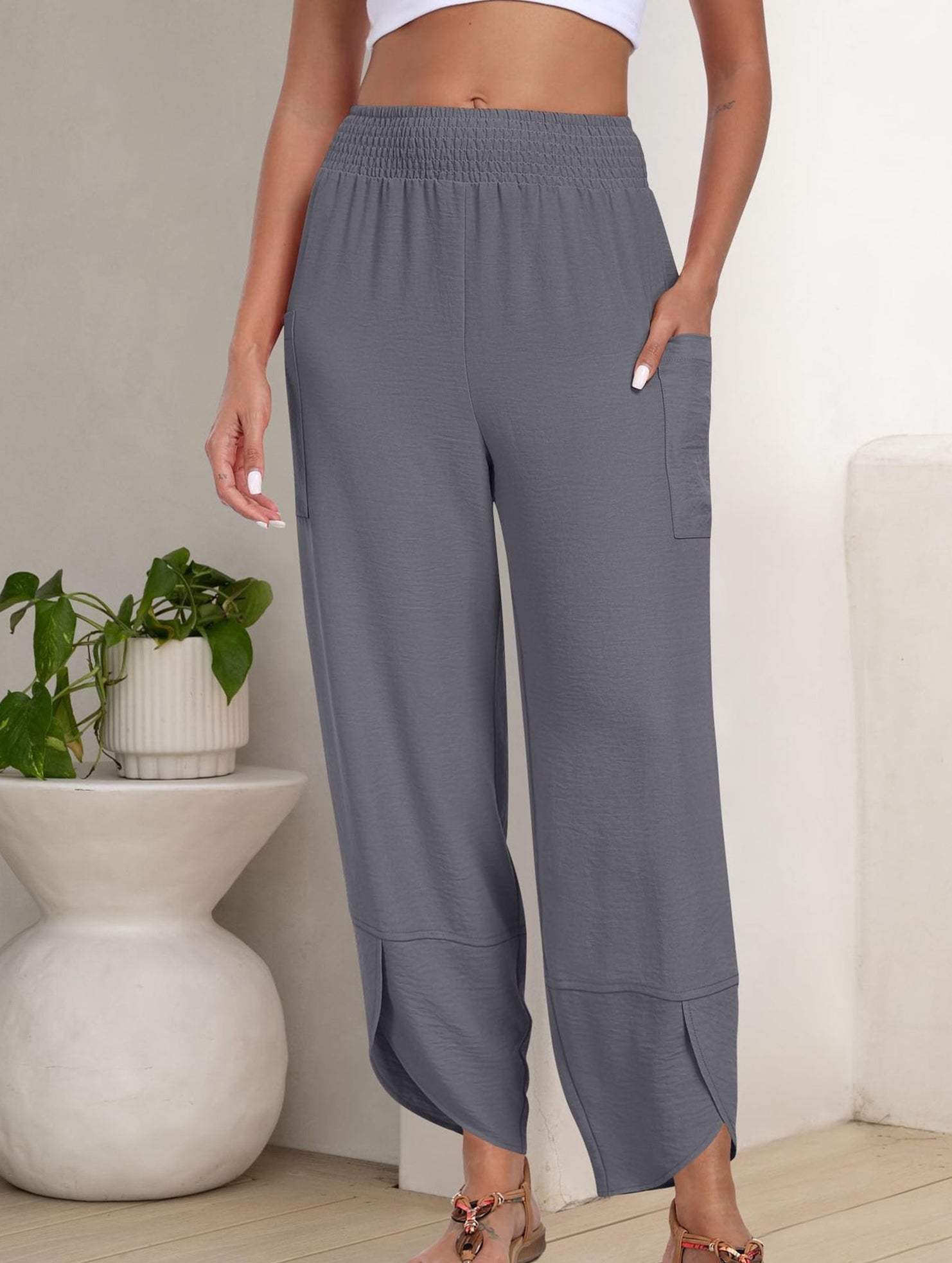 Mid Rise Loose Solid Casual Pants_CWBLP01497