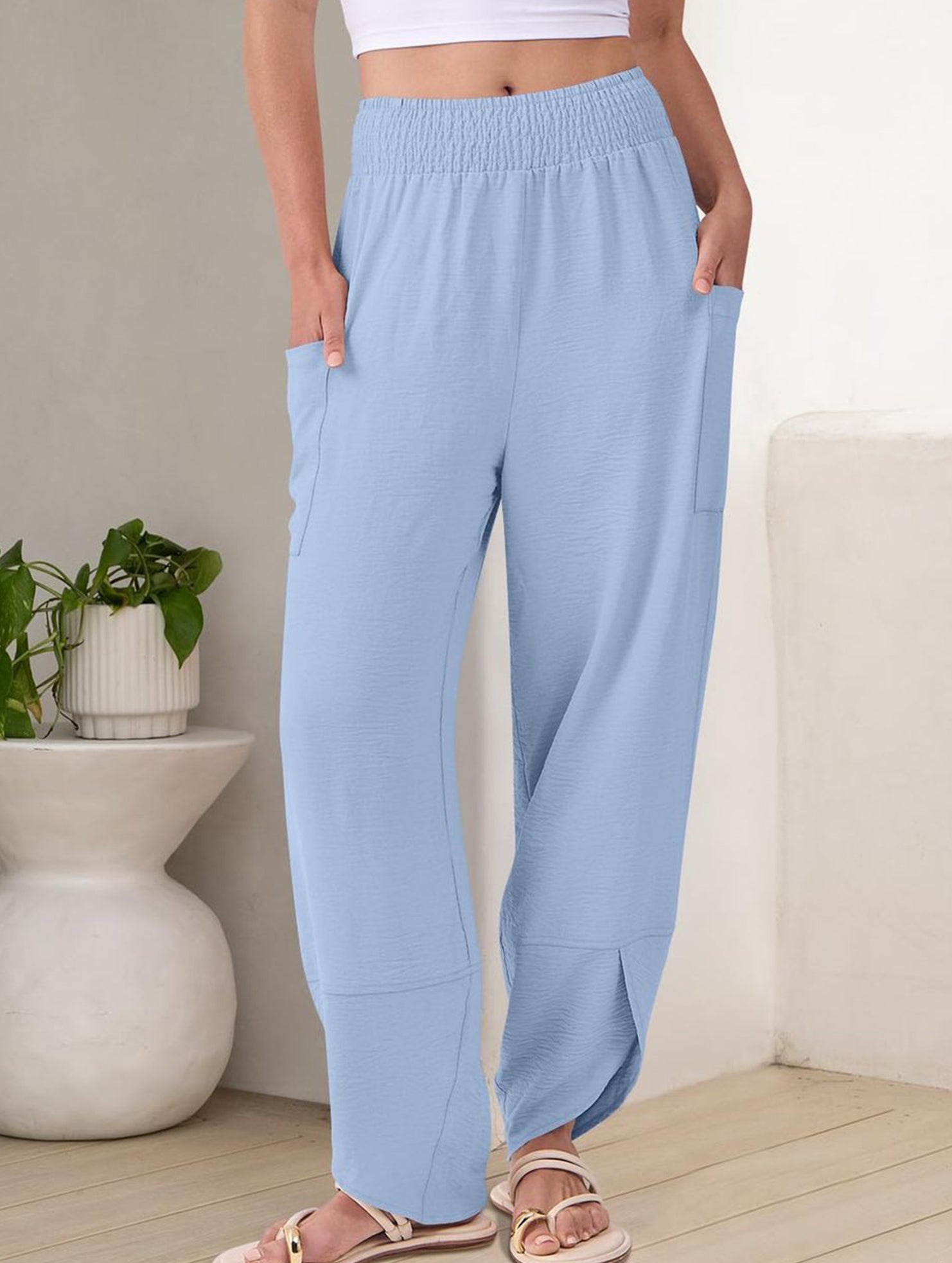 Mid Rise Loose Solid Casual Pants_CWBLP01497
