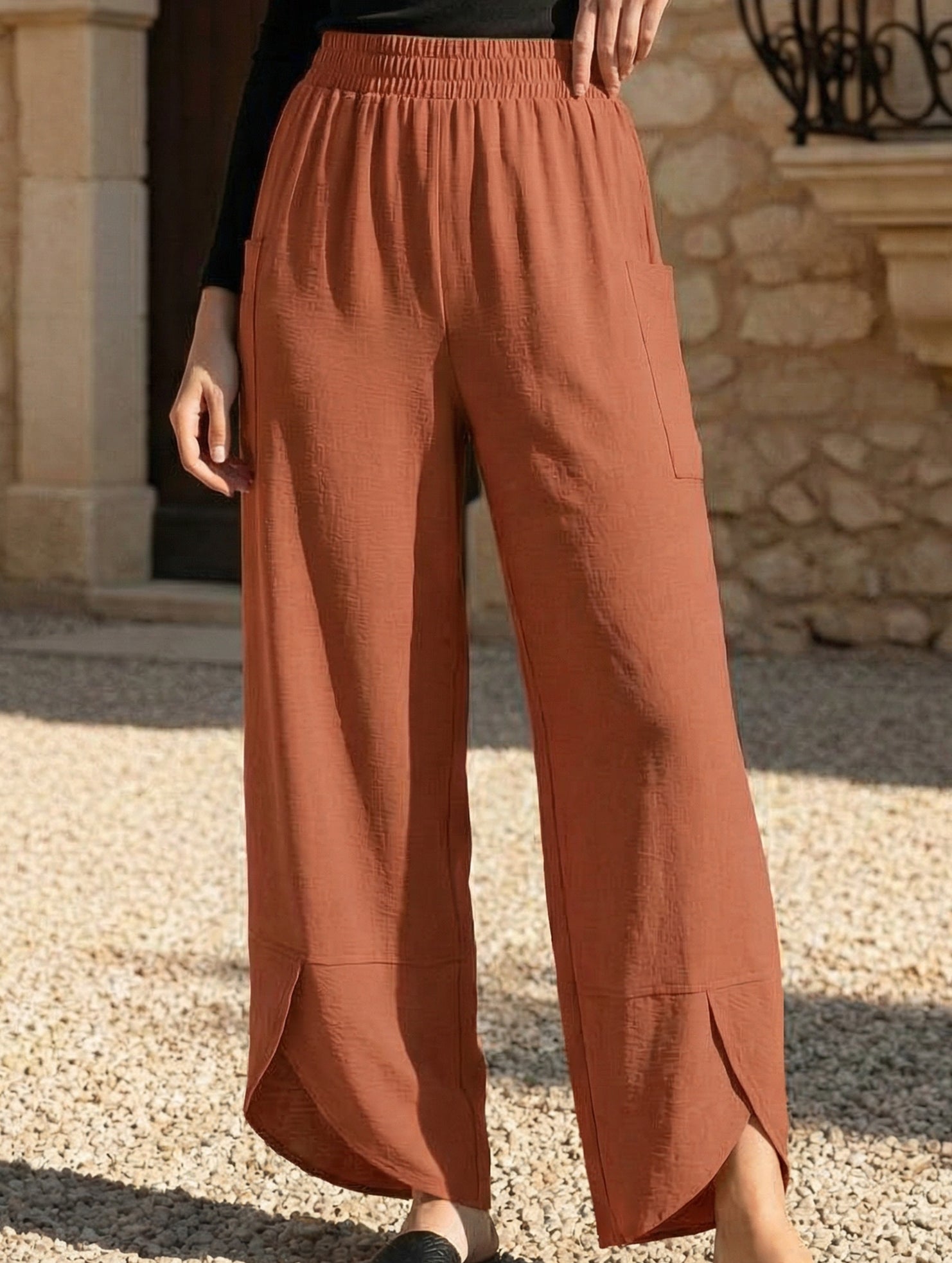 Mid Rise Loose Solid Casual Pants_CWBLP01497