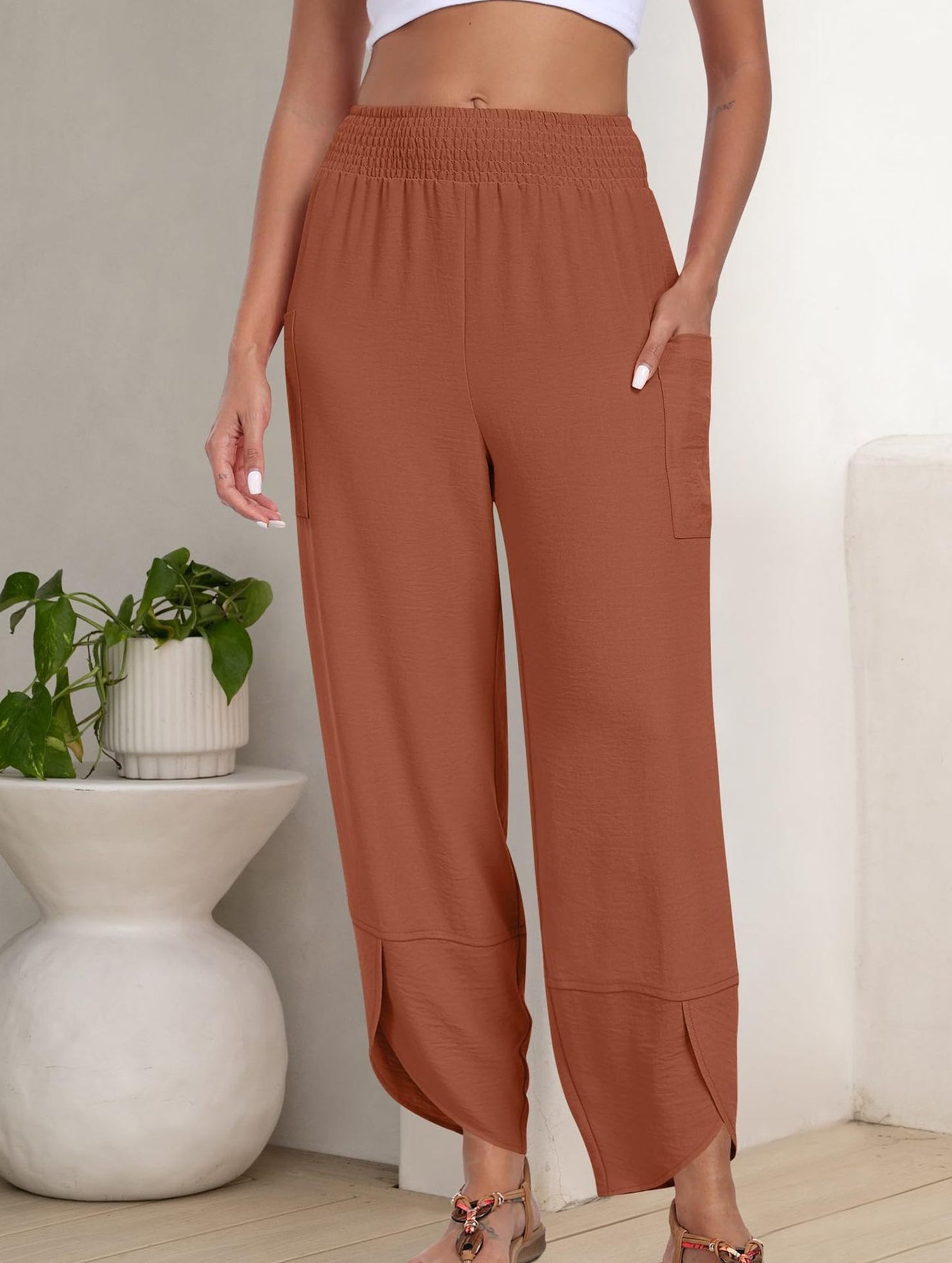 Mid Rise Loose Solid Casual Pants_CWBLP01497