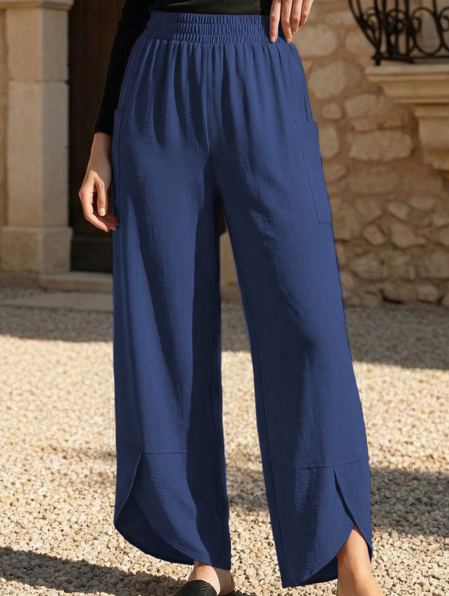 Mid Rise Loose Solid Casual Pants_CWBLP01497