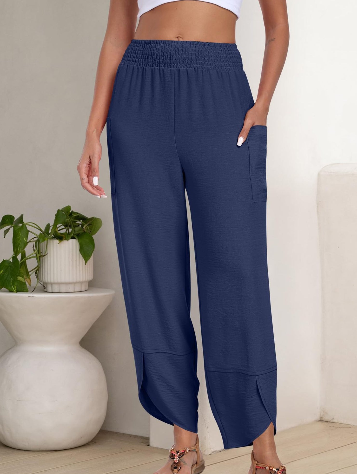 Mid Rise Loose Solid Casual Pants_CWBLP01497