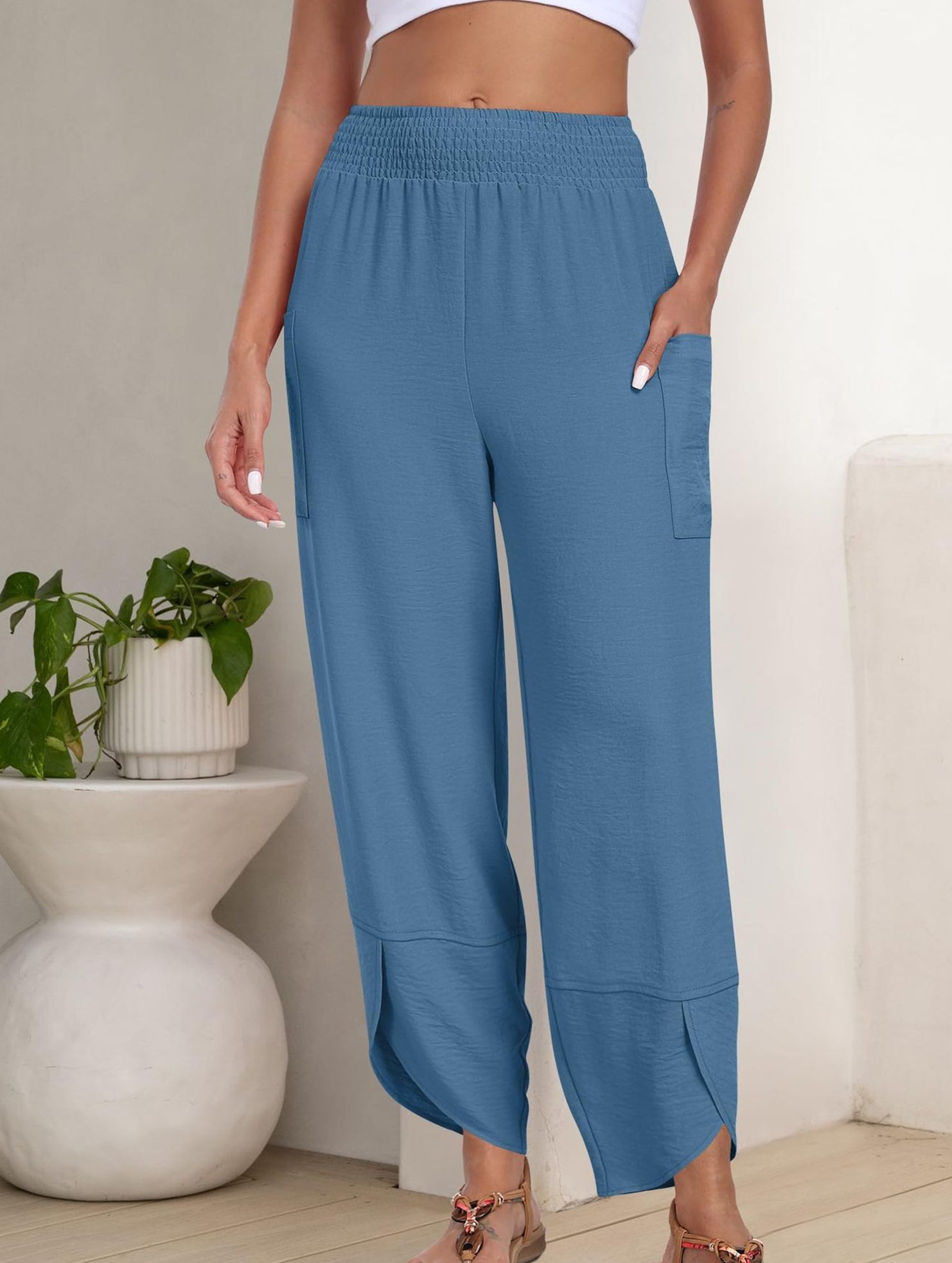 Mid Rise Loose Solid Casual Pants_CWBLP01497