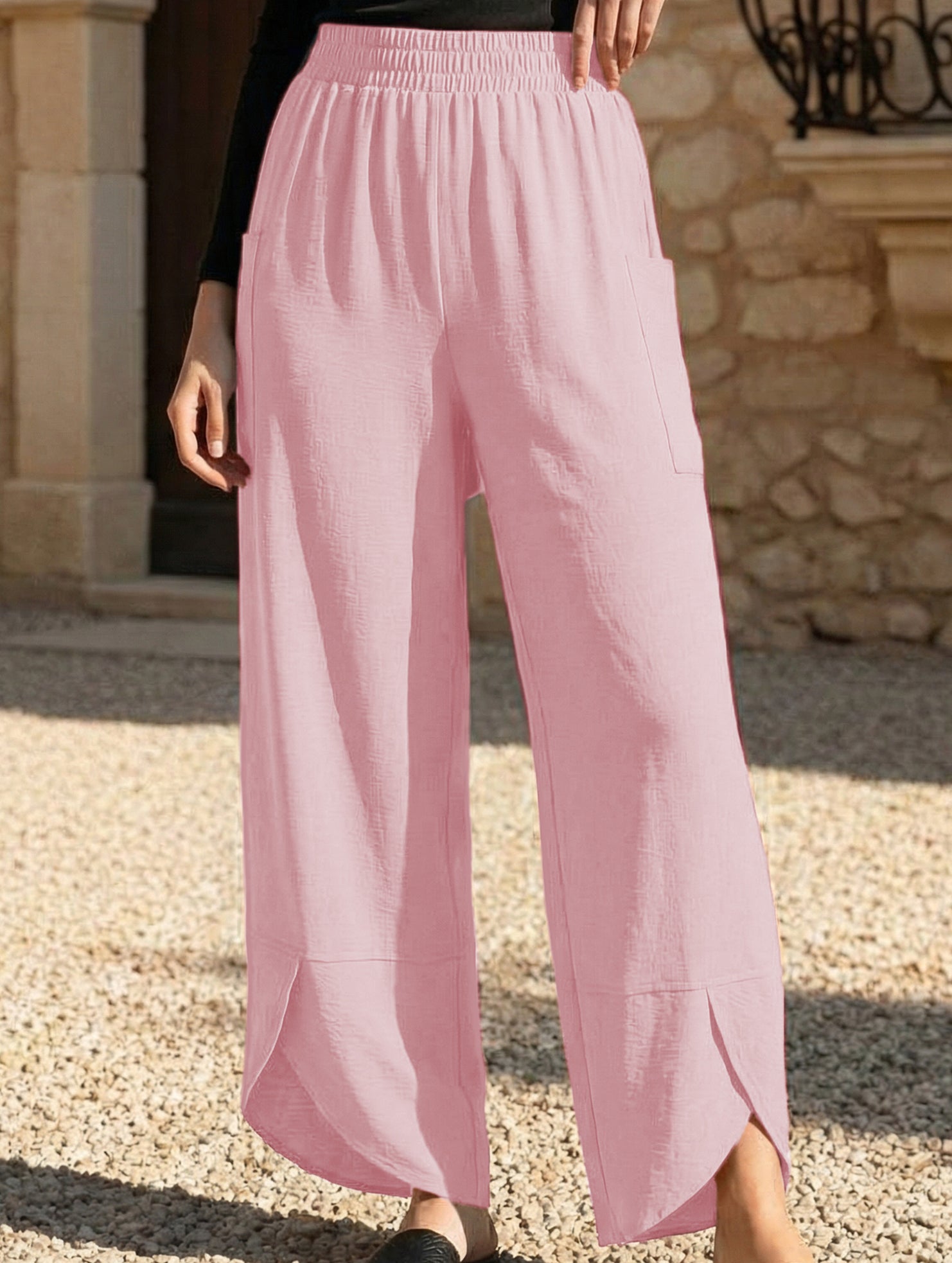 Mid Rise Loose Solid Casual Pants_CWBLP01497