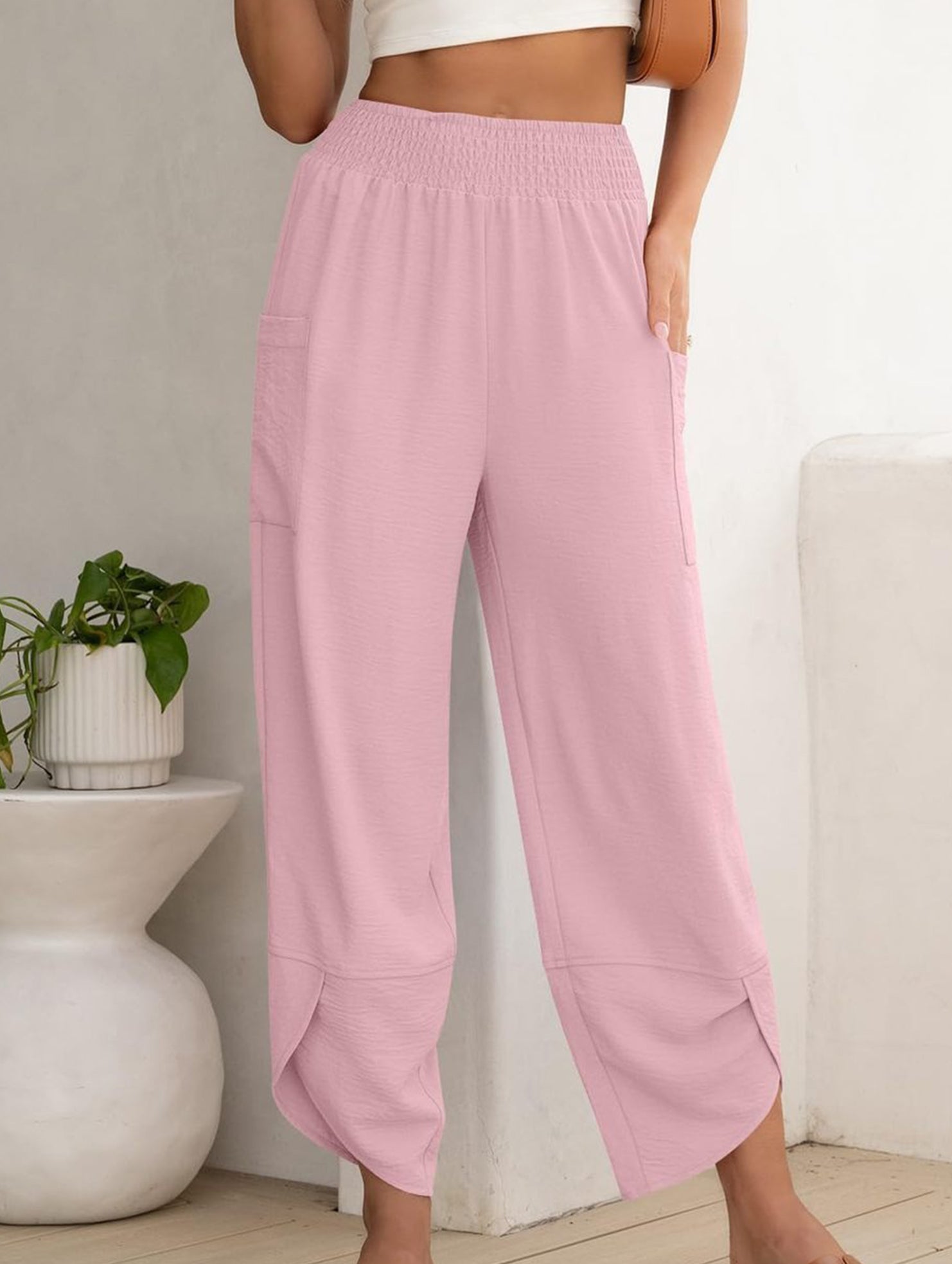 Mid Rise Loose Solid Casual Pants_CWBLP01497