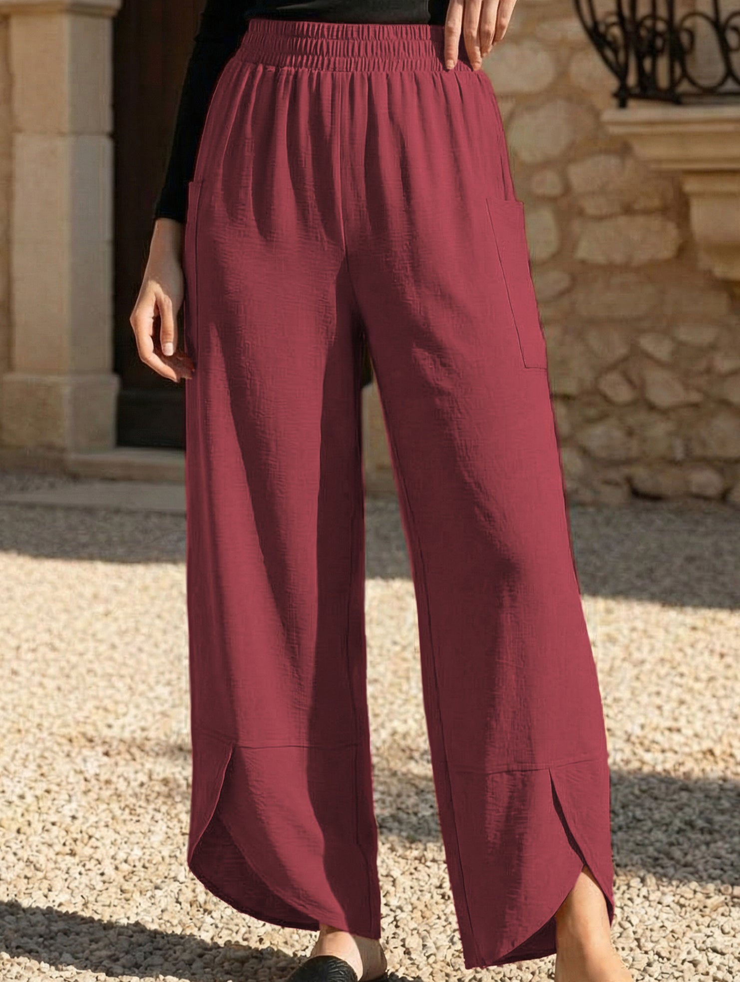 Mid Rise Loose Solid Casual Pants_CWBLP01497