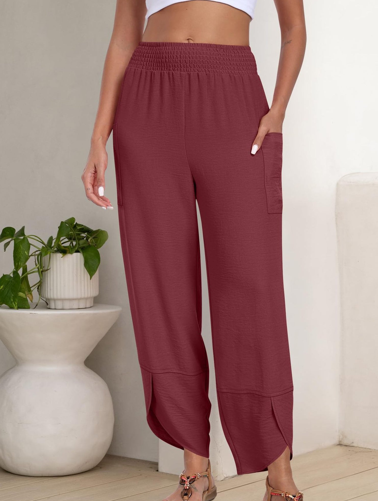 Mid Rise Loose Solid Casual Pants_CWBLP01497