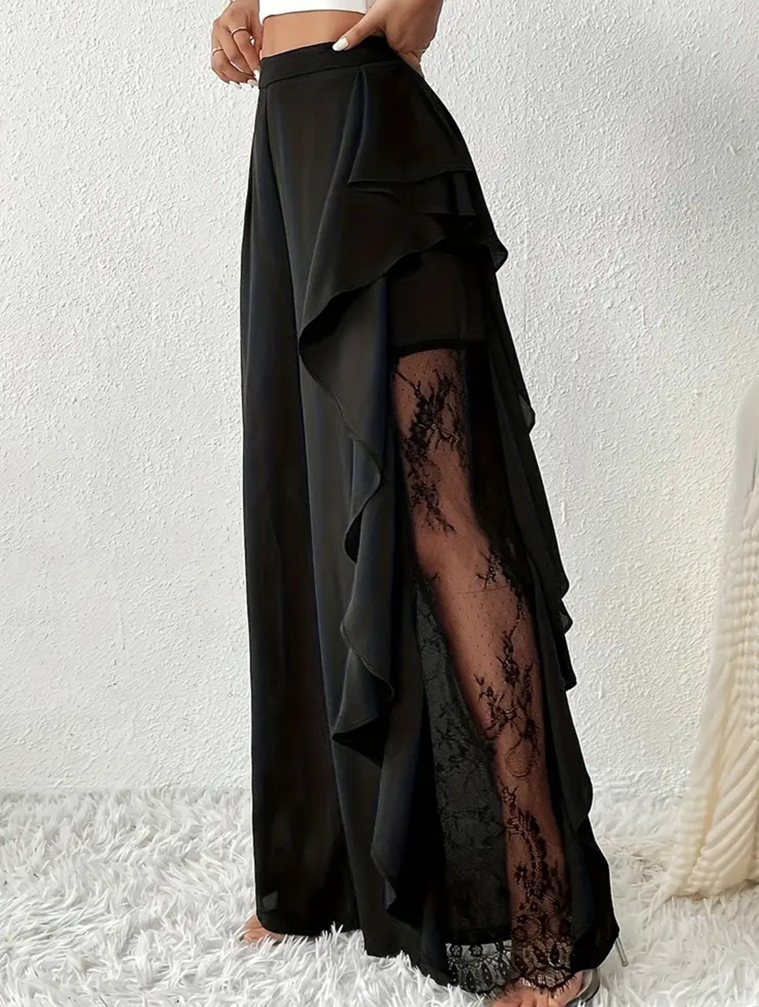 Lace Mesh High Waist Slit Wide Leg Pants_CWBLP01525