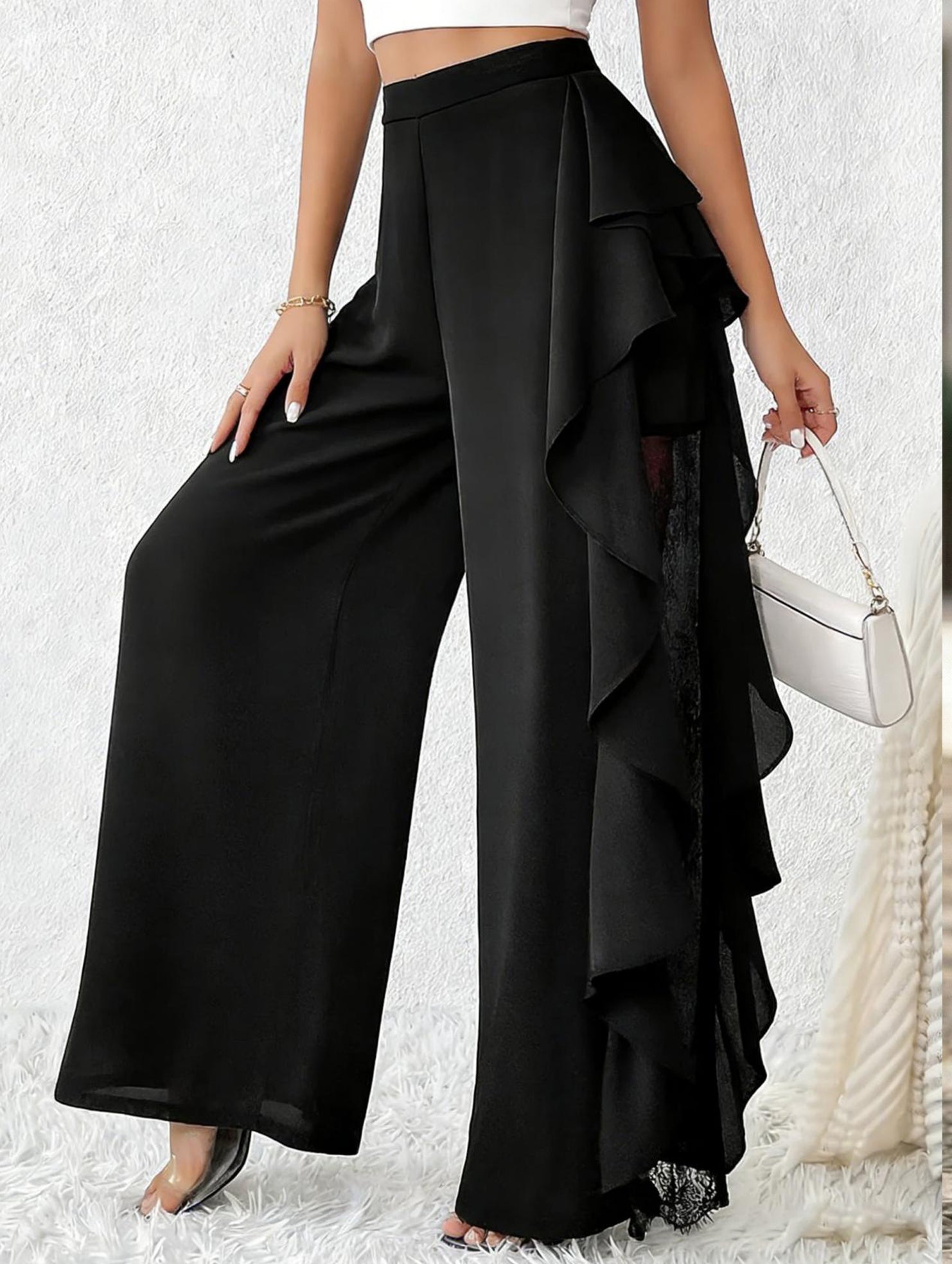 Lace Mesh High Waist Slit Wide Leg Pants_CWBLP01525