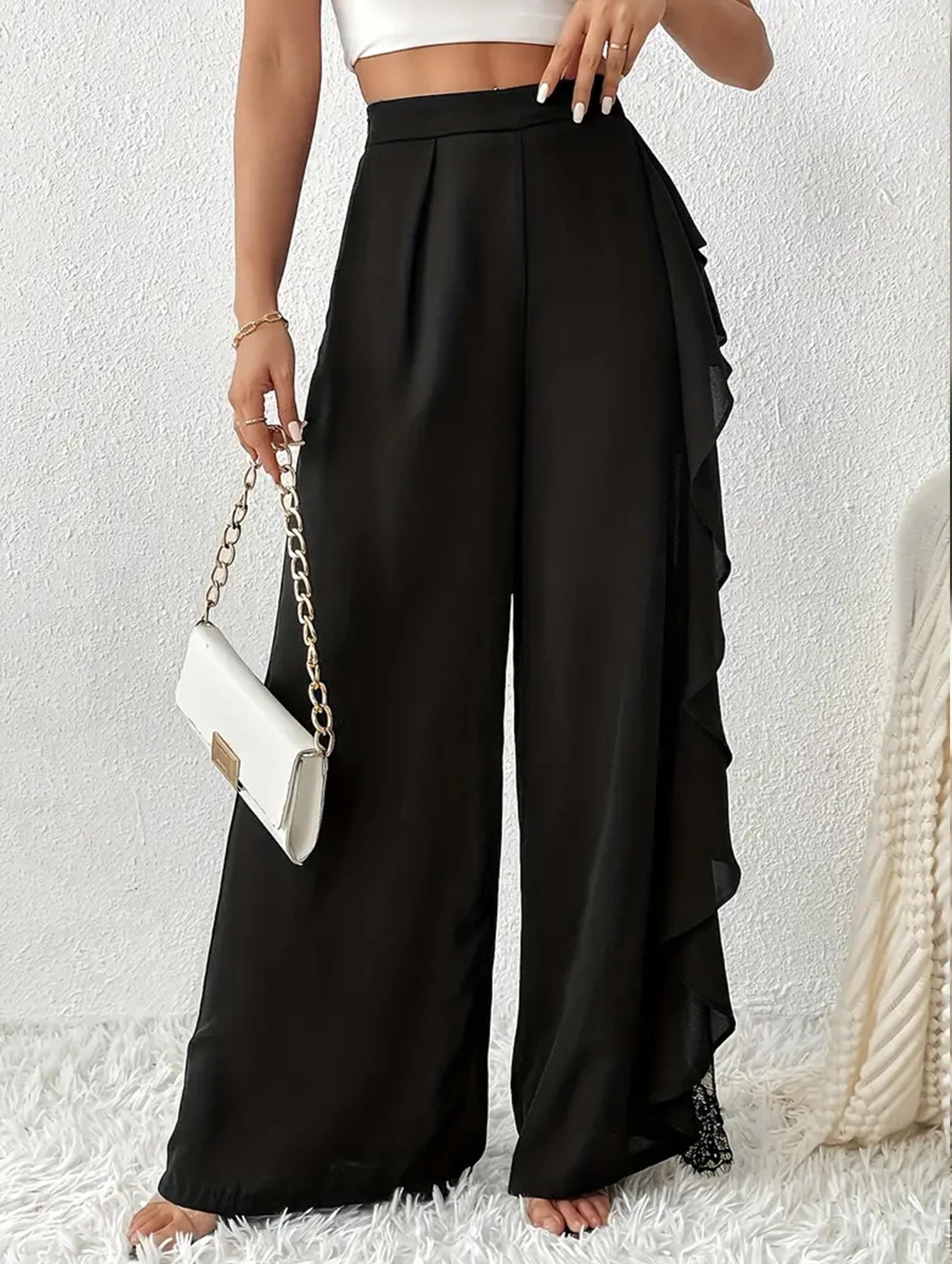 Lace Mesh High Waist Slit Wide Leg Pants_CWBLP01525