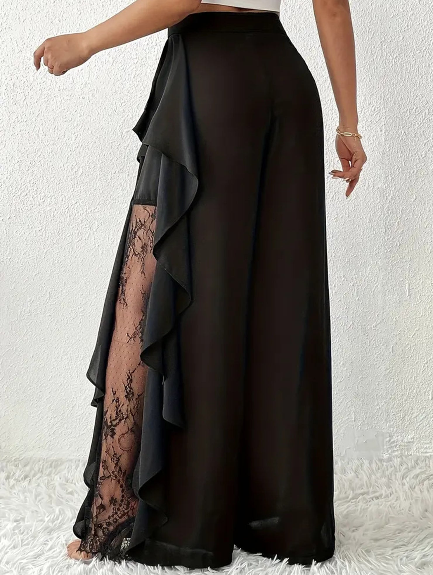 Lace Mesh High Waist Slit Wide Leg Pants_CWBLP01525