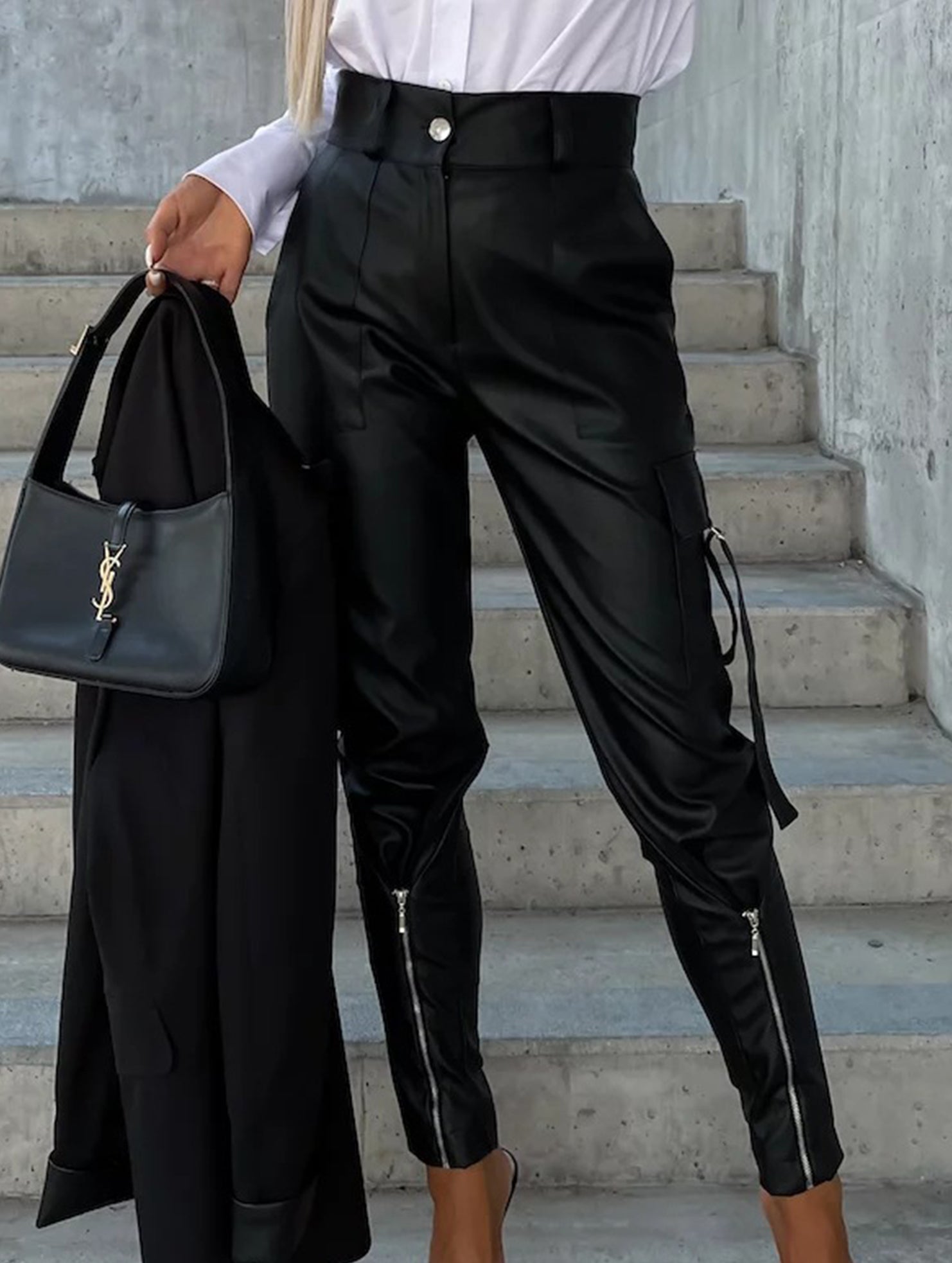 Slim-fit PU leather tapered waist leggings for women_CWBLP01535