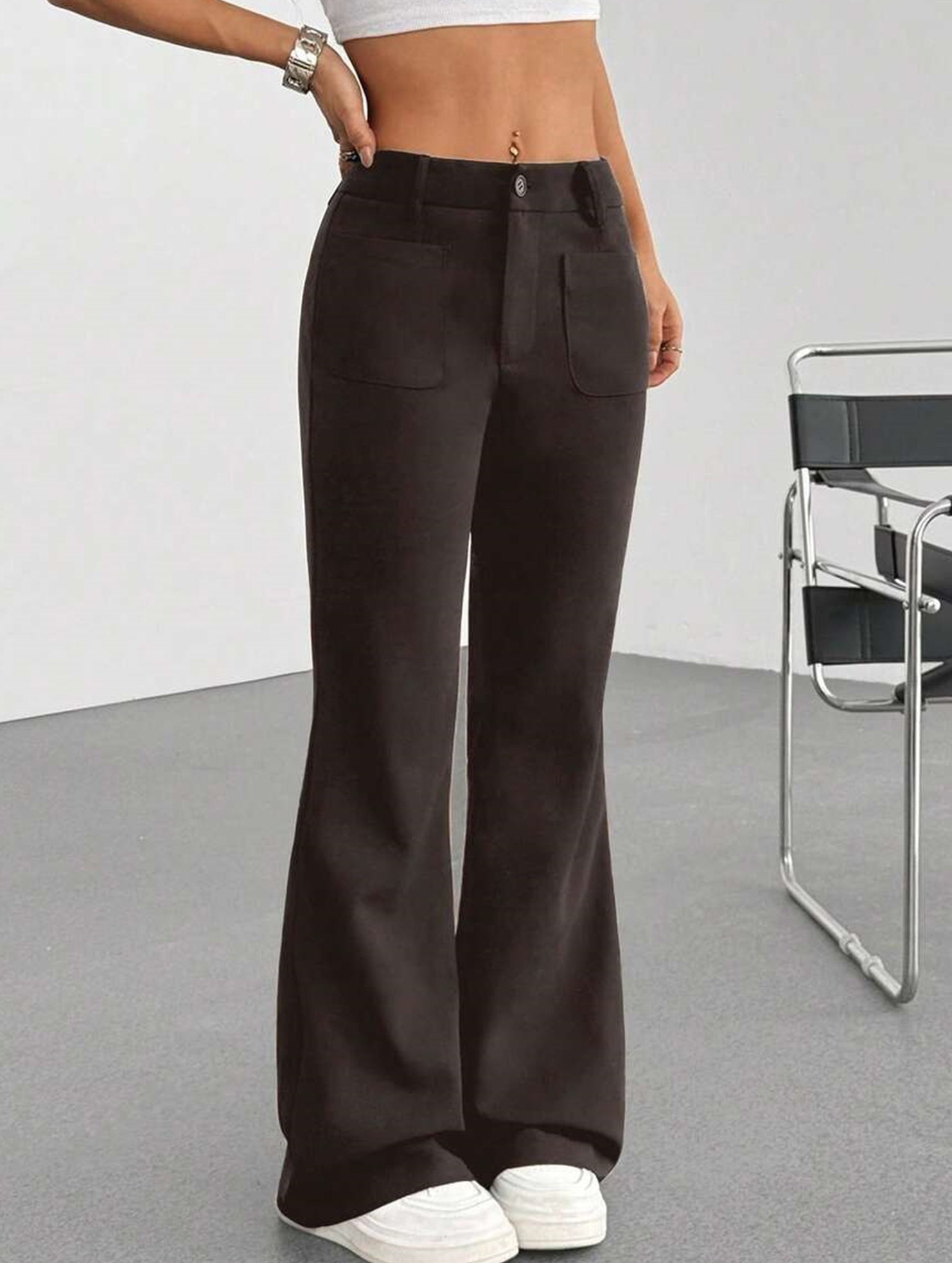 High Waist Slight Flare Pocket Pants_CWBLP01545