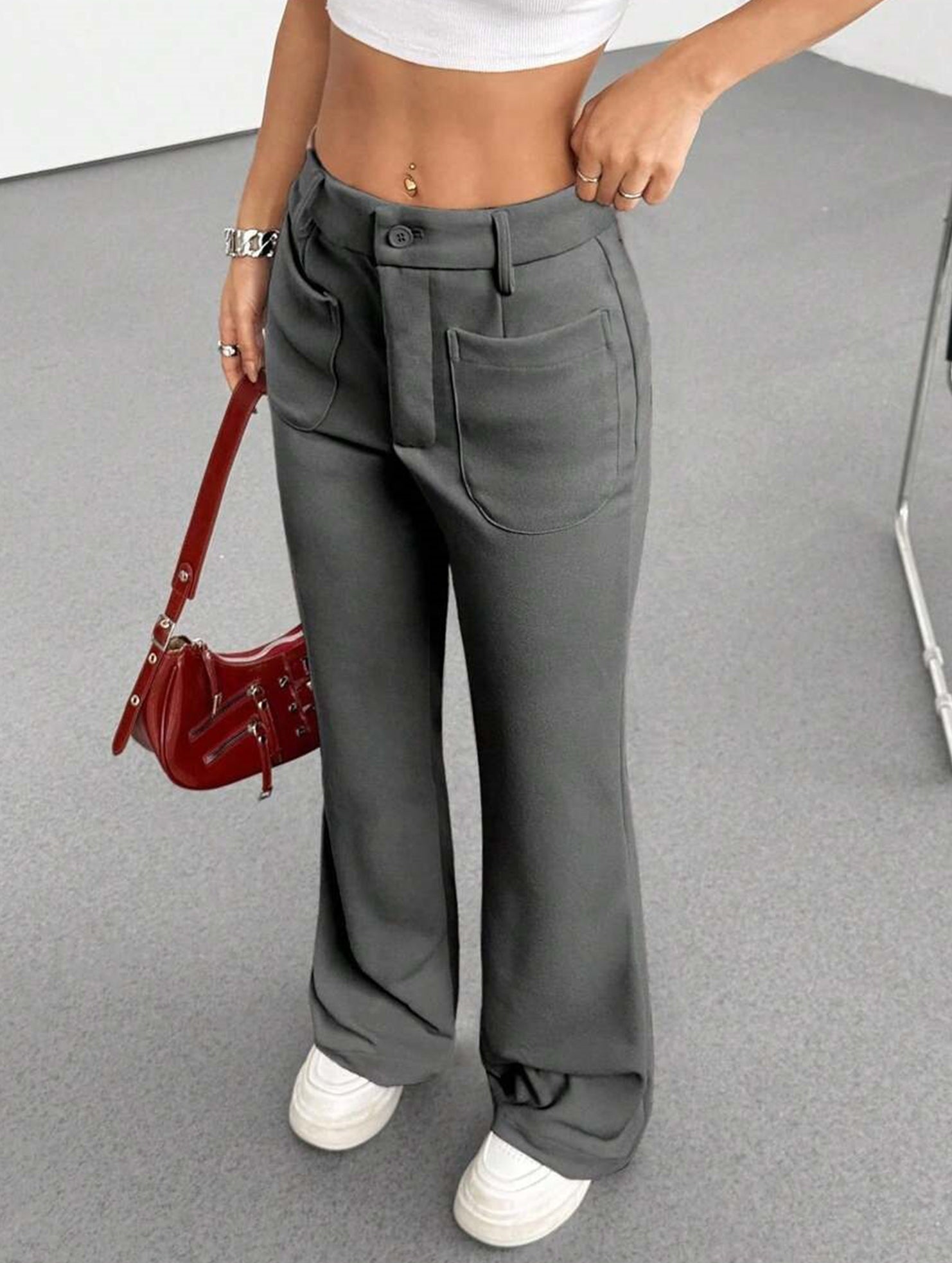 High Waist Slight Flare Pocket Pants_CWBLP01545