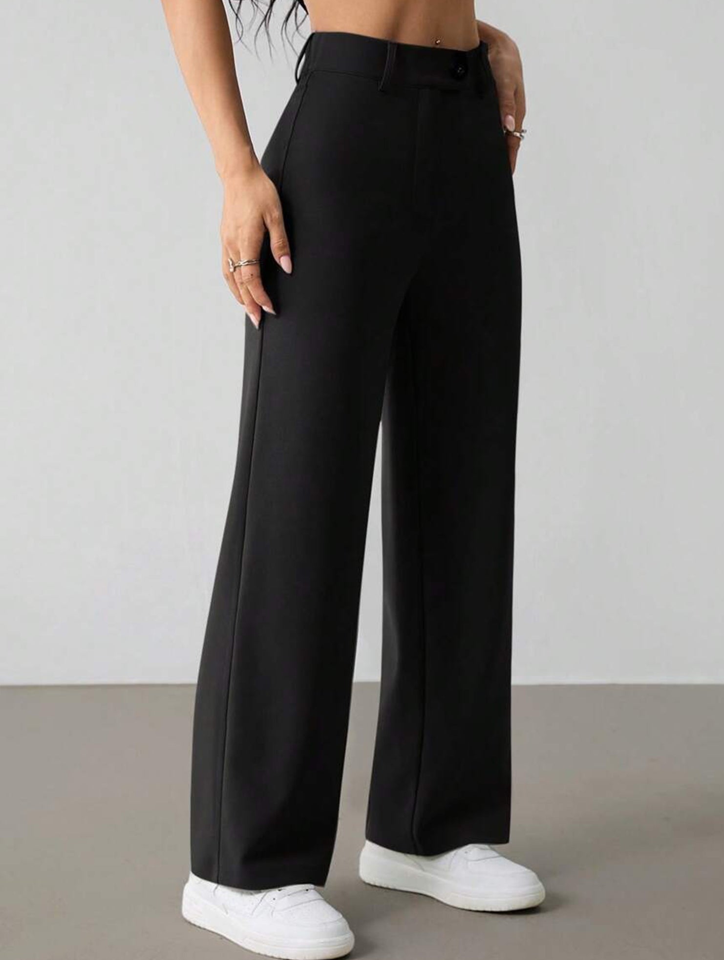 Solid High Waist Wide Leg Work Pants_CWBLP01554