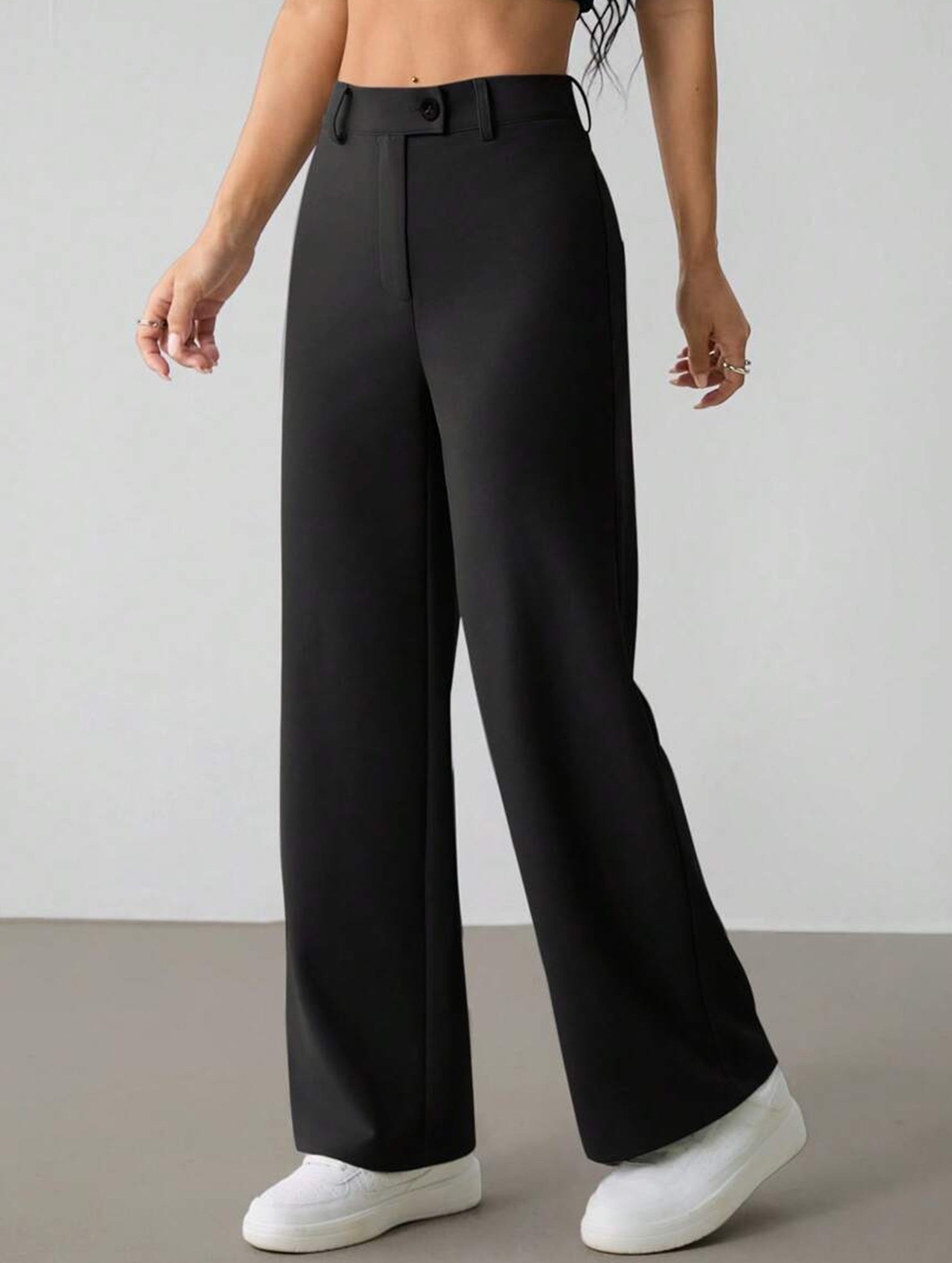 Solid High Waist Wide Leg Work Pants_CWBLP01554