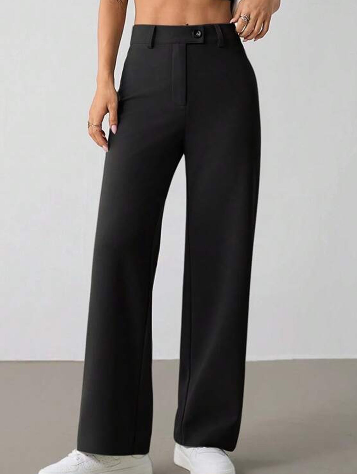 Solid High Waist Wide Leg Work Pants_CWBLP01554