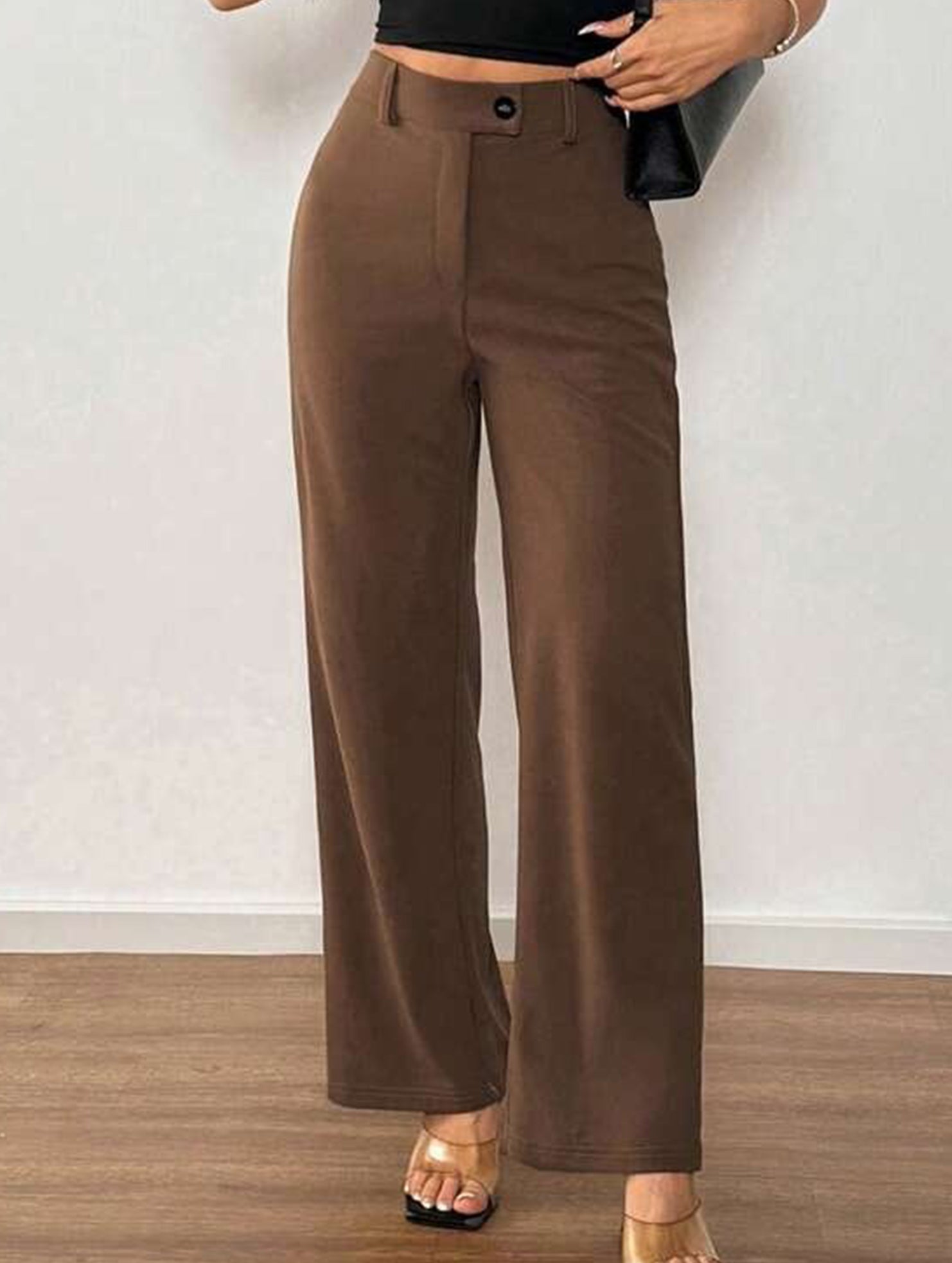 Solid High Waist Wide Leg Work Pants_CWBLP01554