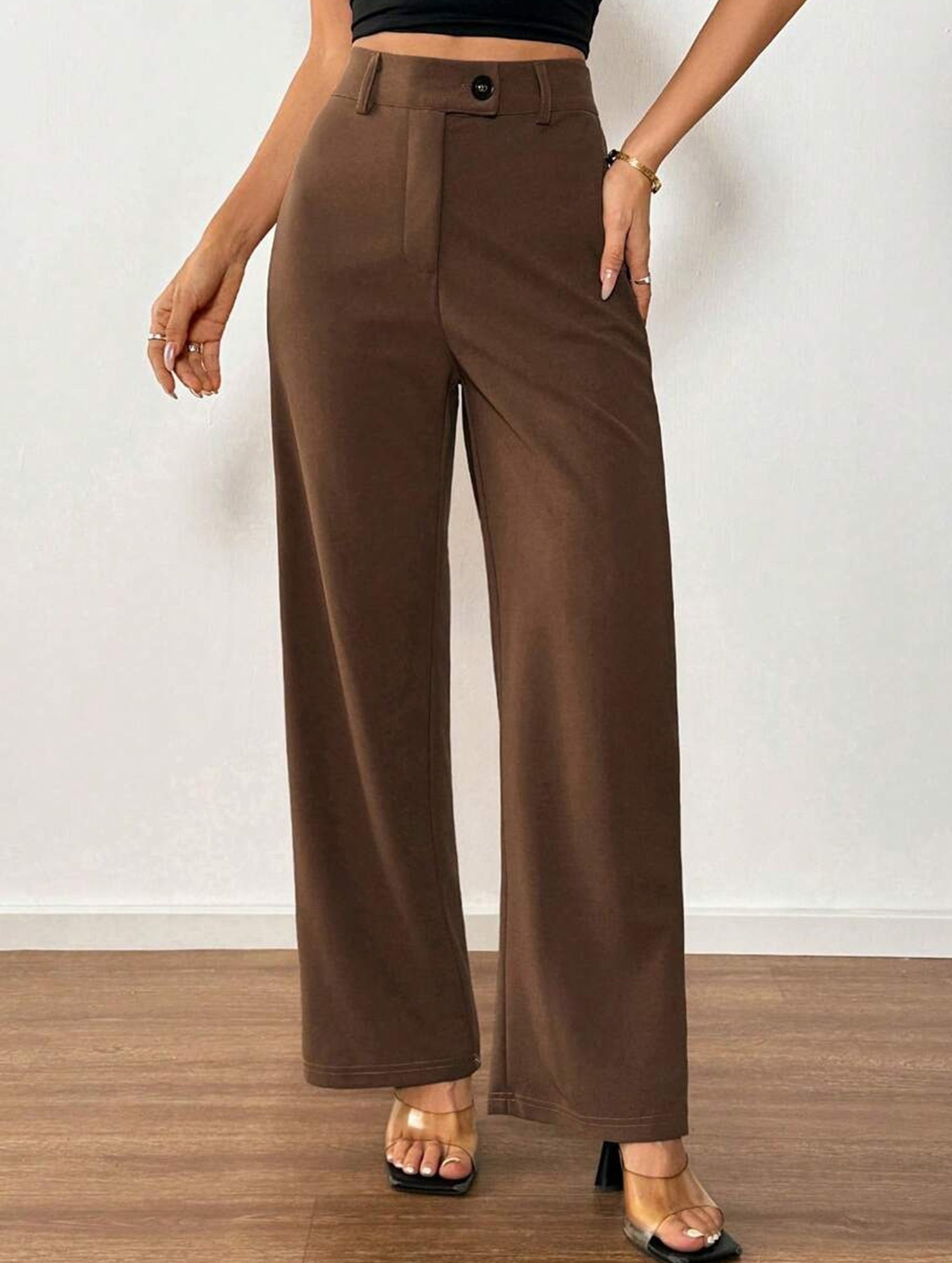 Solid High Waist Wide Leg Work Pants_CWBLP01554