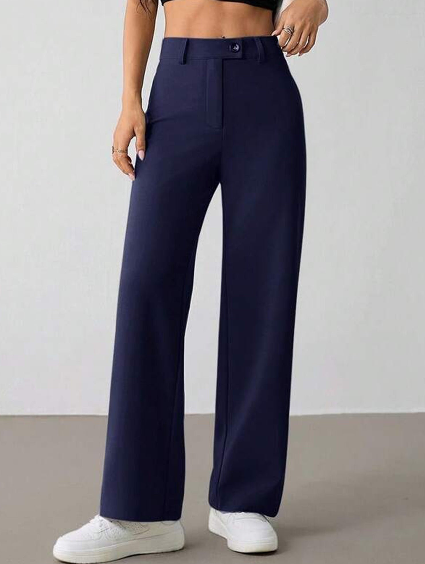 Solid High Waist Wide Leg Work Pants_CWBLP01554