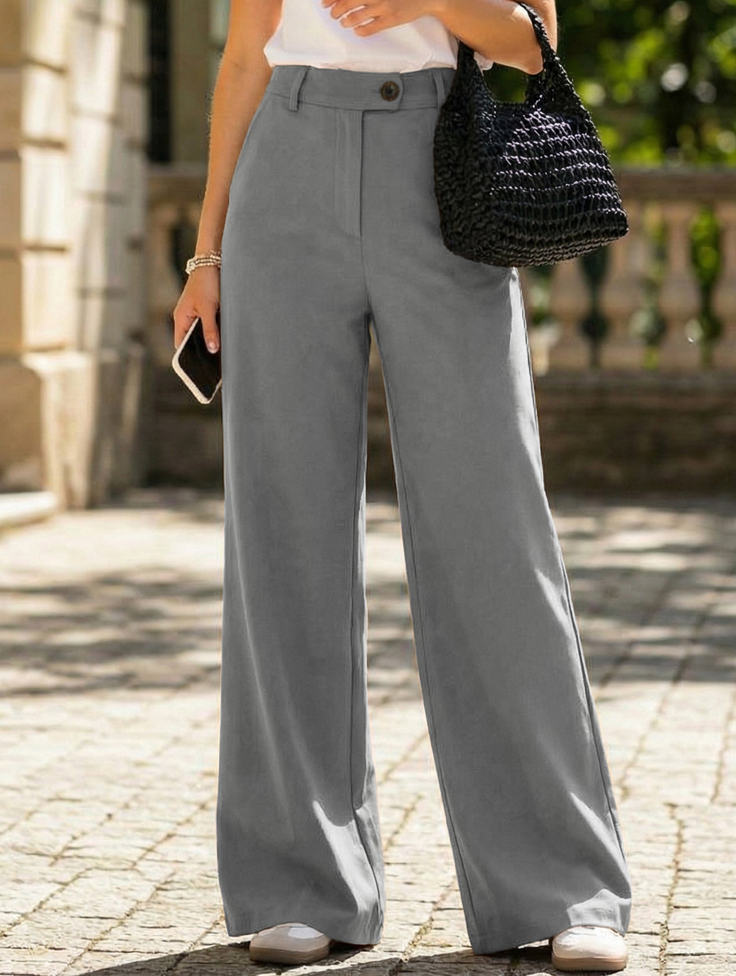 Solid High Waist Wide Leg Work Pants_CWBLP01554