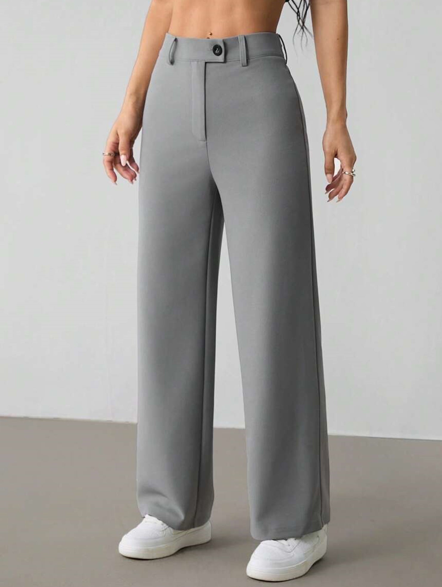 Solid High Waist Wide Leg Work Pants_CWBLP01554