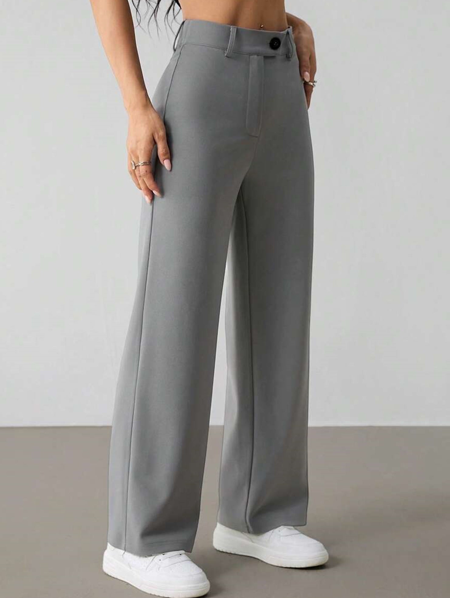 Solid High Waist Wide Leg Work Pants_CWBLP01554