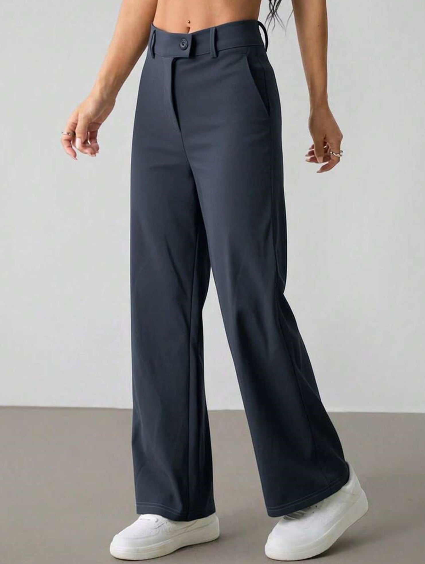 Solid High Waist Wide Leg Work Pants_CWBLP01554