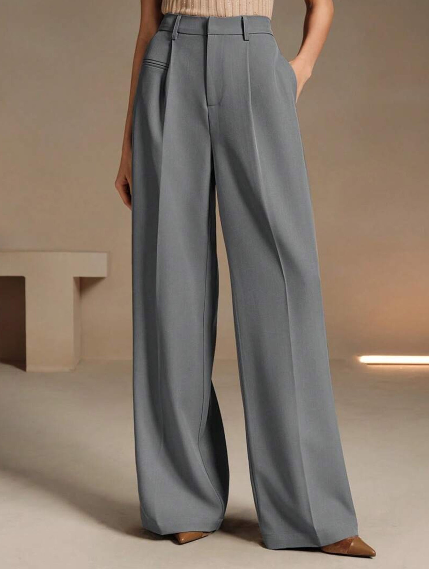 High Waist Straight Wide Leg Office Pants