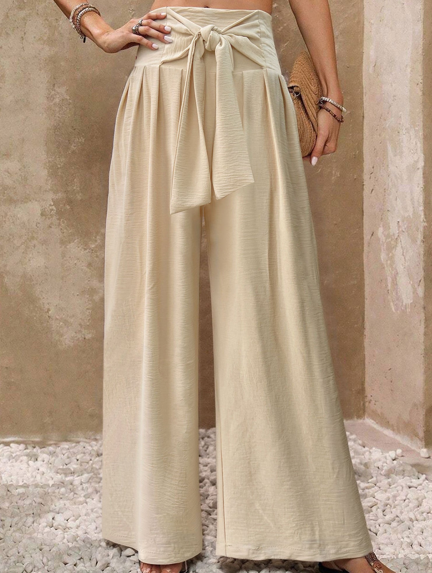 High Waist Tie Wide Leg Pants