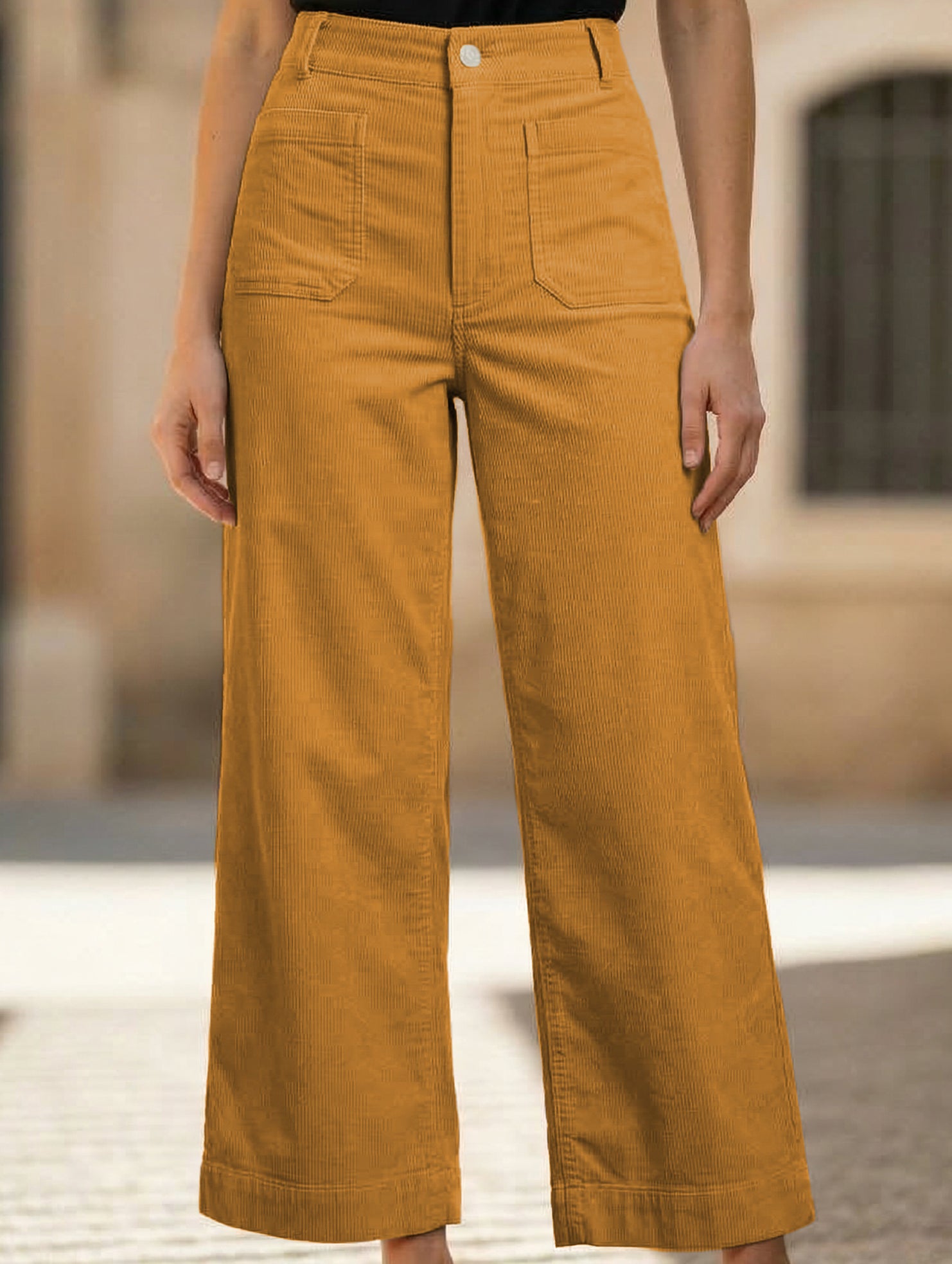 High Waist Button Wide Leg Pants