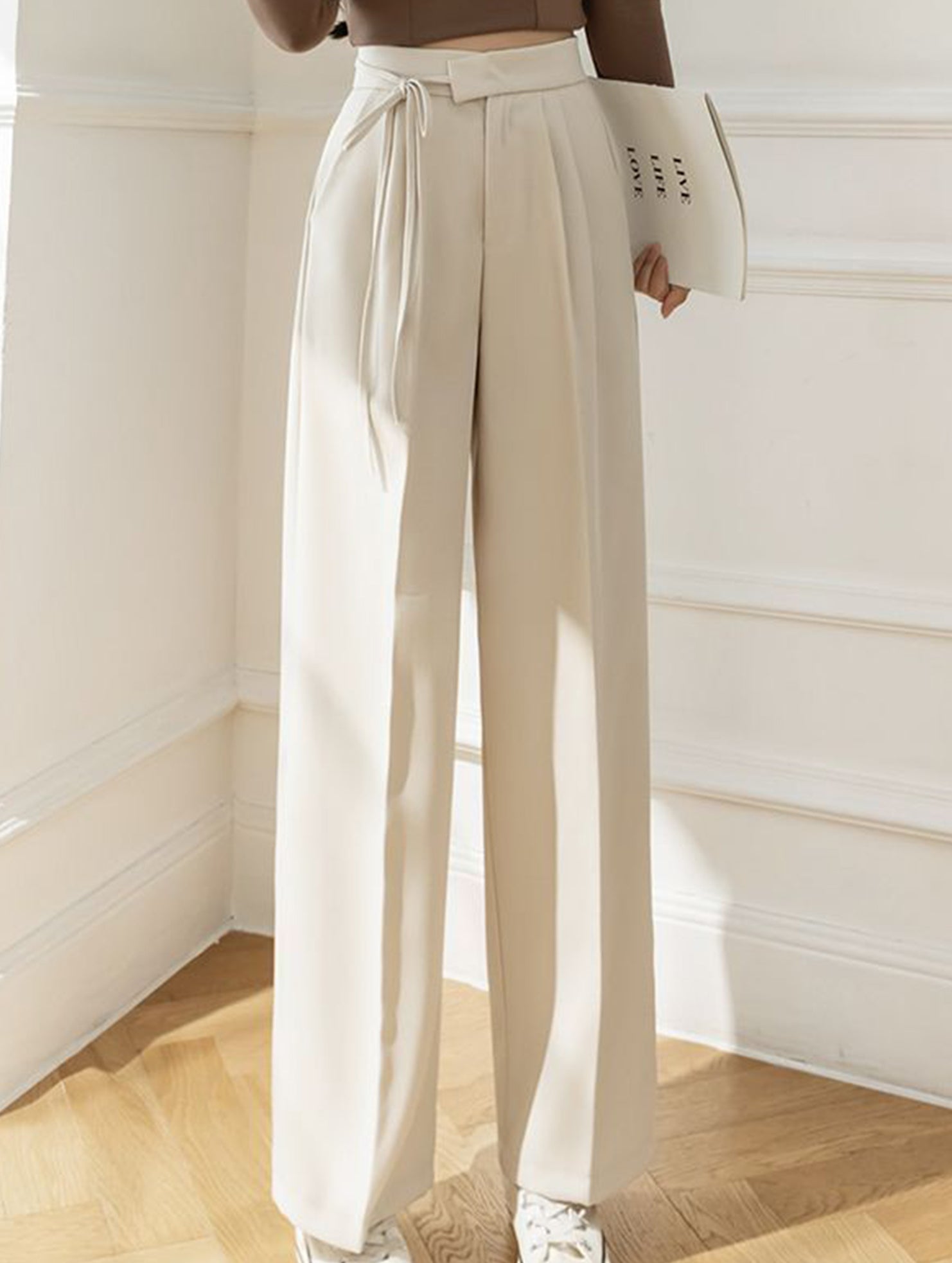 Tie Waist Wide Leg Suit Pants