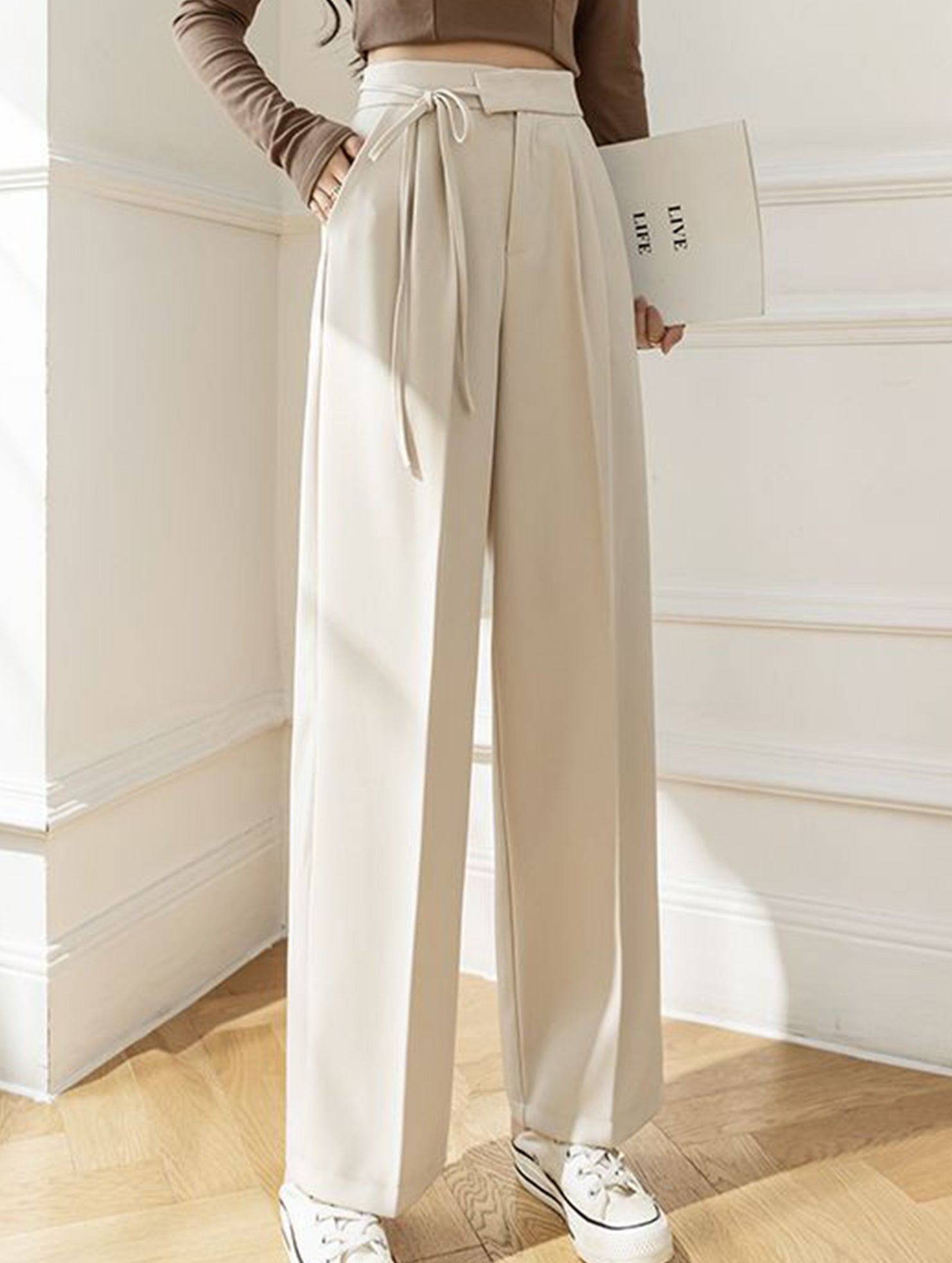 Tie Waist Wide Leg Suit Pants