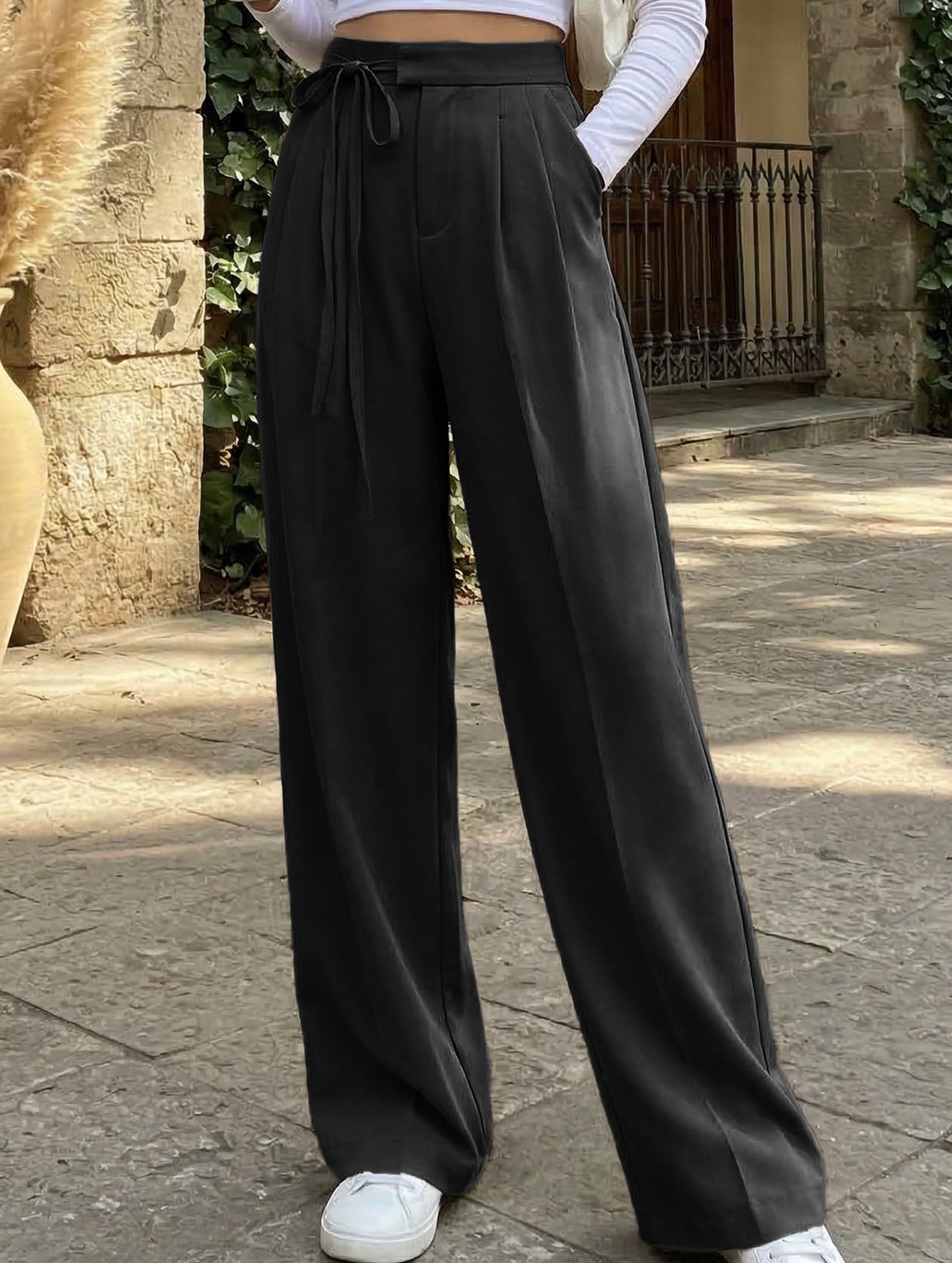 Tie Waist Wide Leg Suit Pants