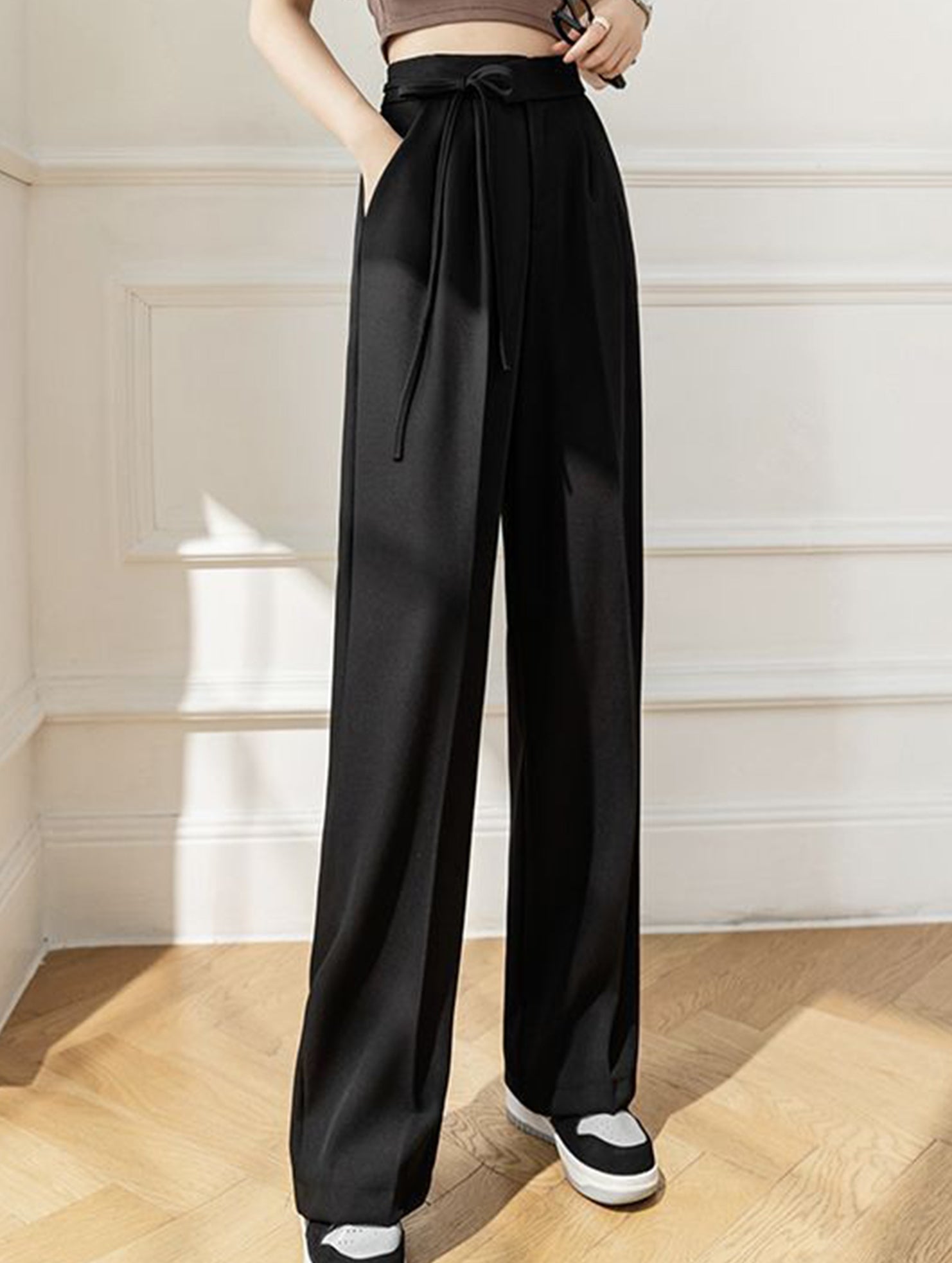 Tie Waist Wide Leg Suit Pants