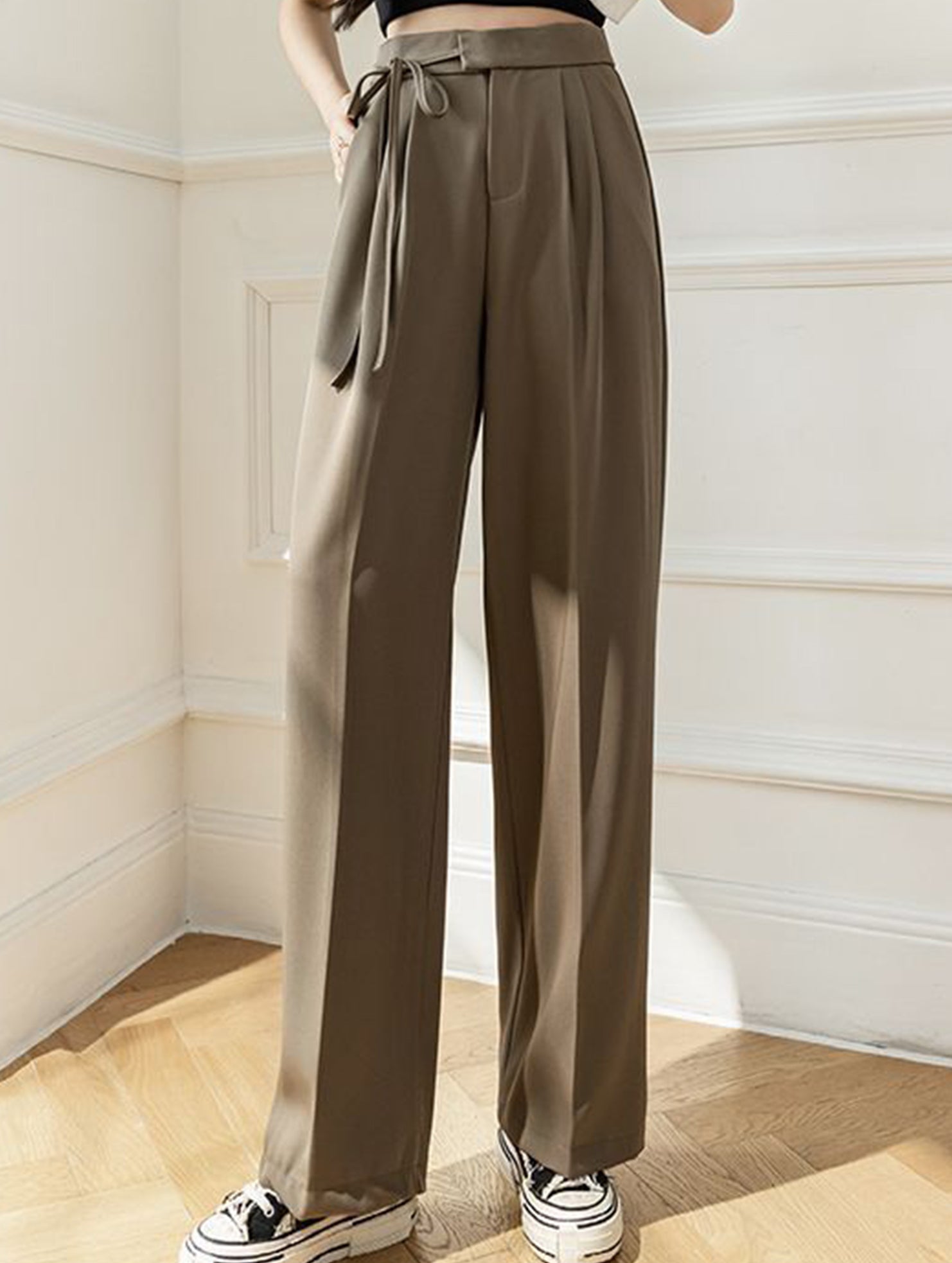 Tie Waist Wide Leg Suit Pants