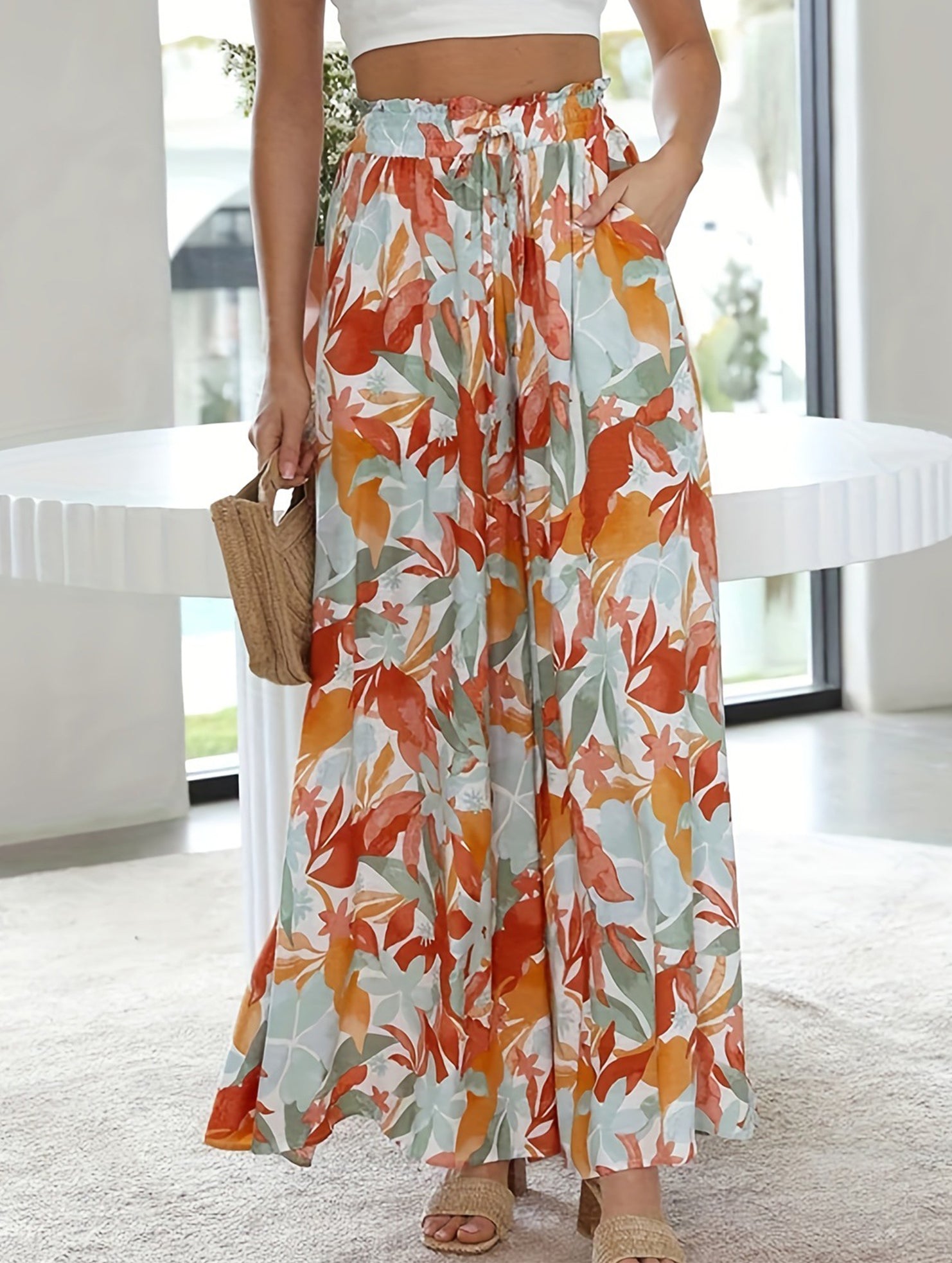 High Waist Print Wide Leg Pants