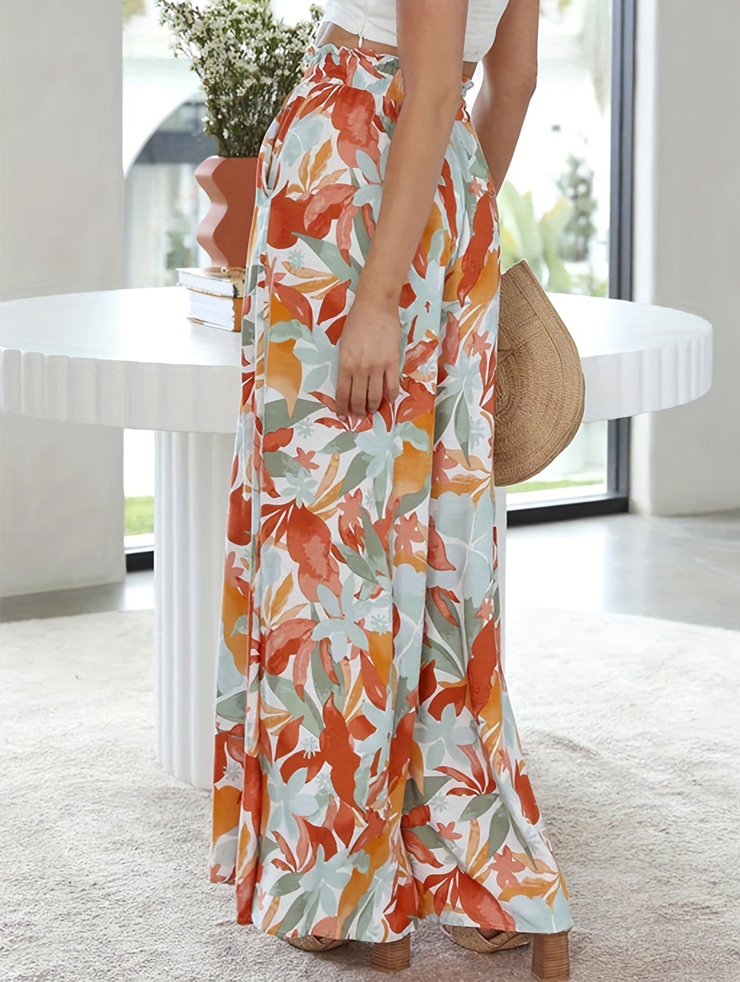 High Waist Print Wide Leg Pants