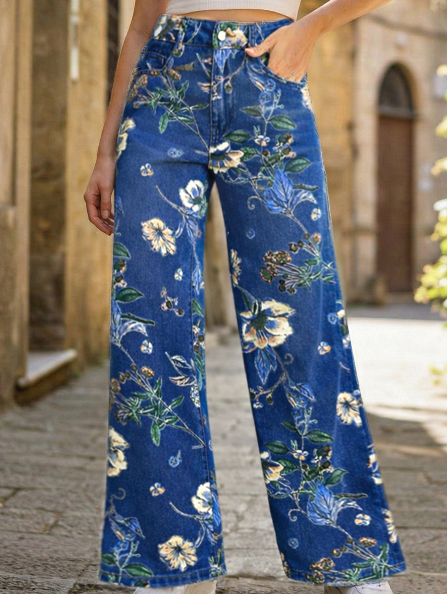 Floral Print Wide Leg Jeans