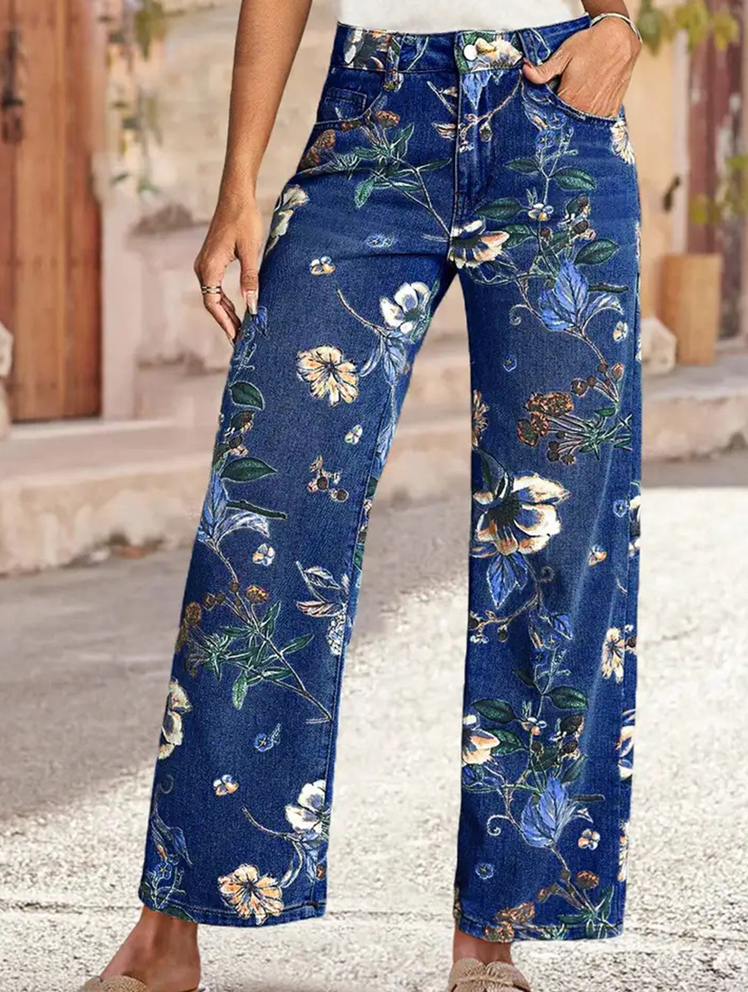 Floral Print Wide Leg Jeans
