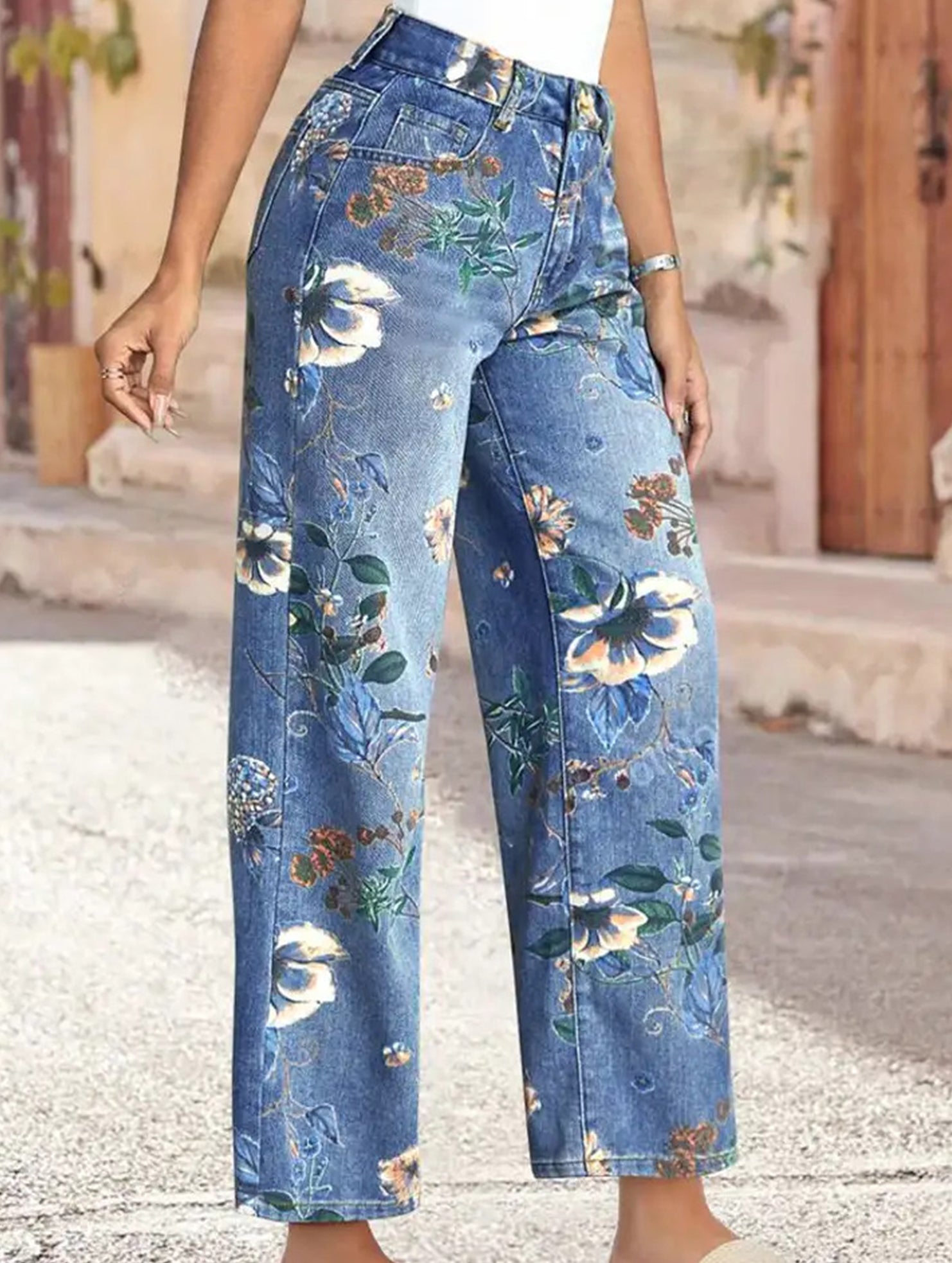 Floral Print Wide Leg Jeans